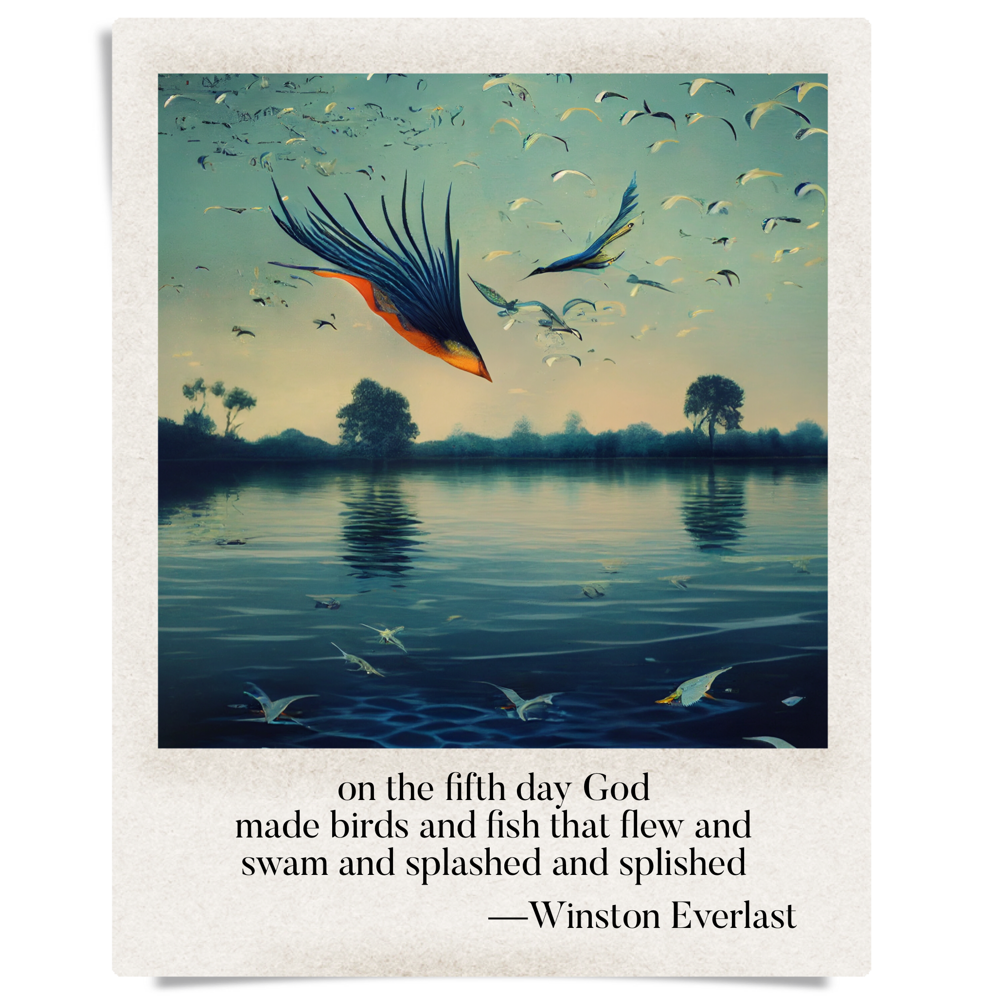 on the fifth day God / made birds and fish that flew and / swam and splashed and splished — haiga by Winston Everlast