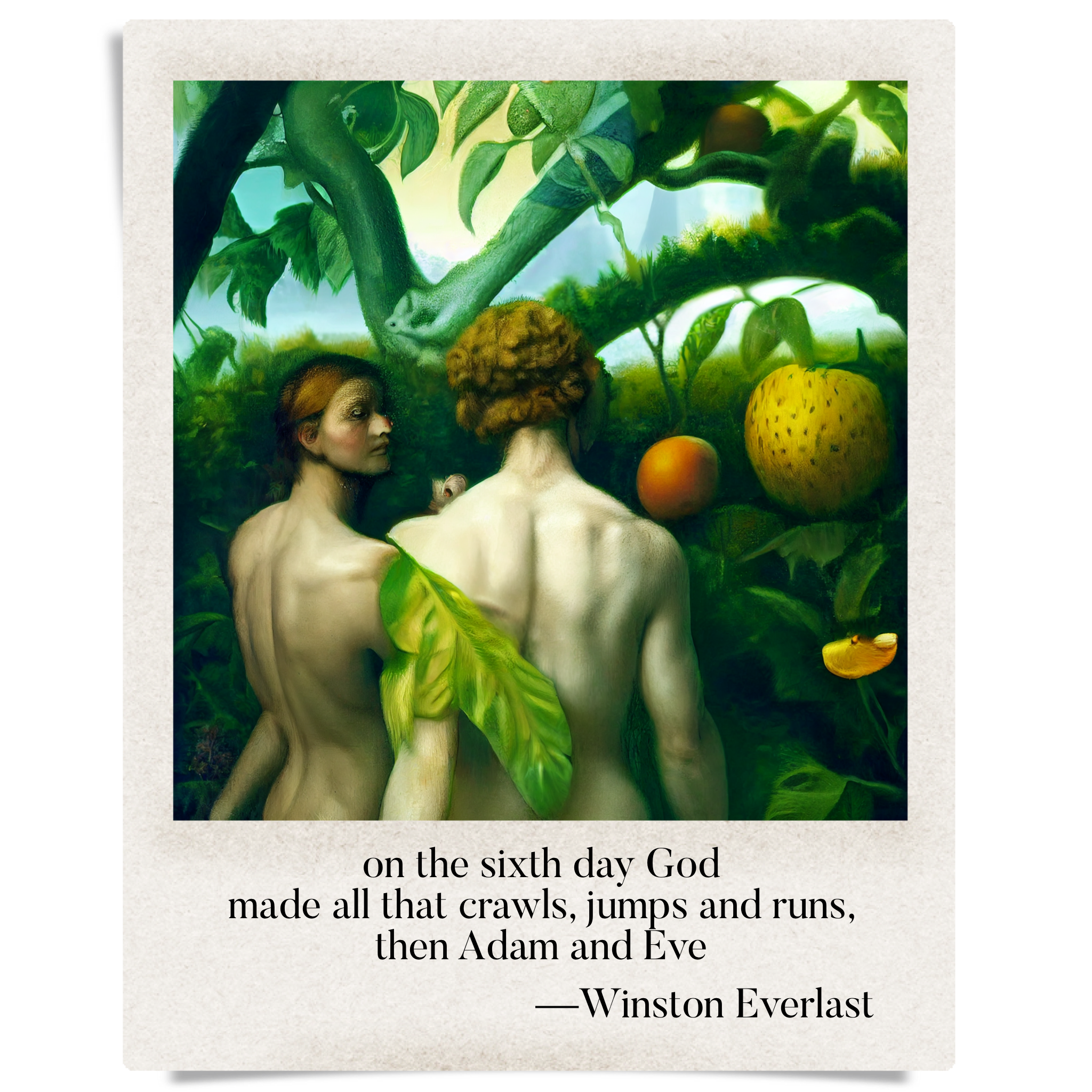 on the sixth day God / made all that crawls, jumps and runs, / then Adam and Eve — haiga by Winston Everlast