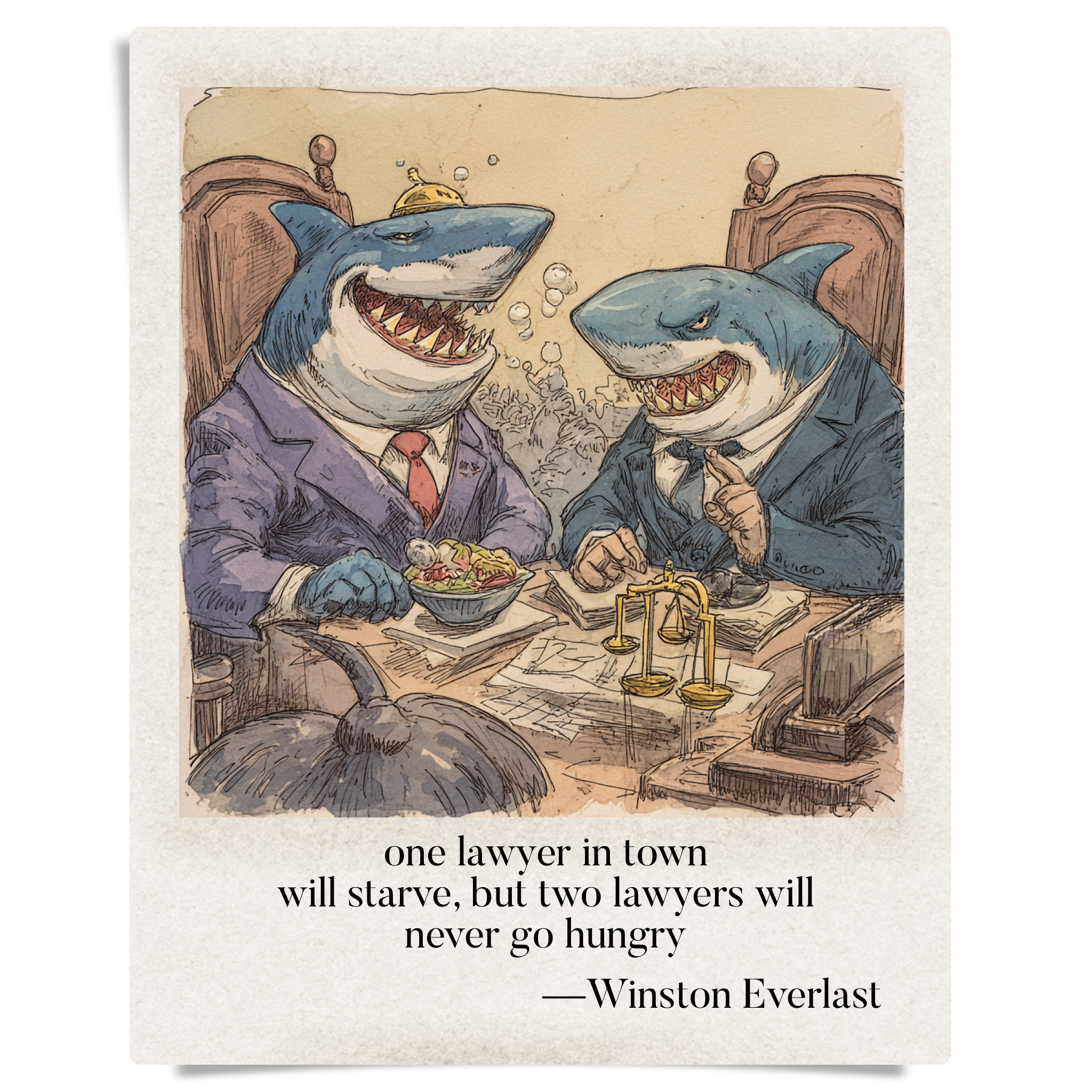 one lawyer in town / will starve, but two lawyers will / never go hungry — haiga by Winston Everlast
