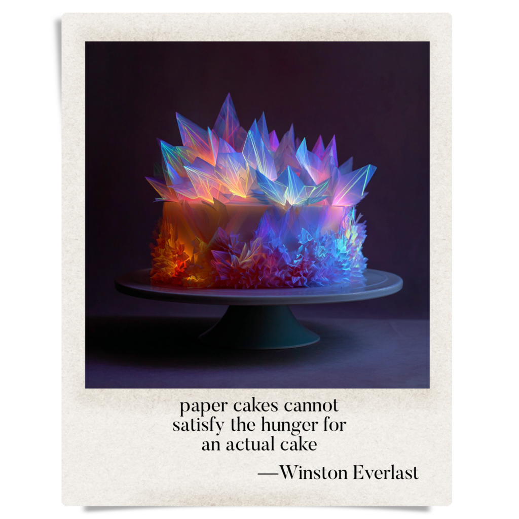 paper cakes cannot / satisfy the hunger for / an actual cake — haiga by Winston Everlast
