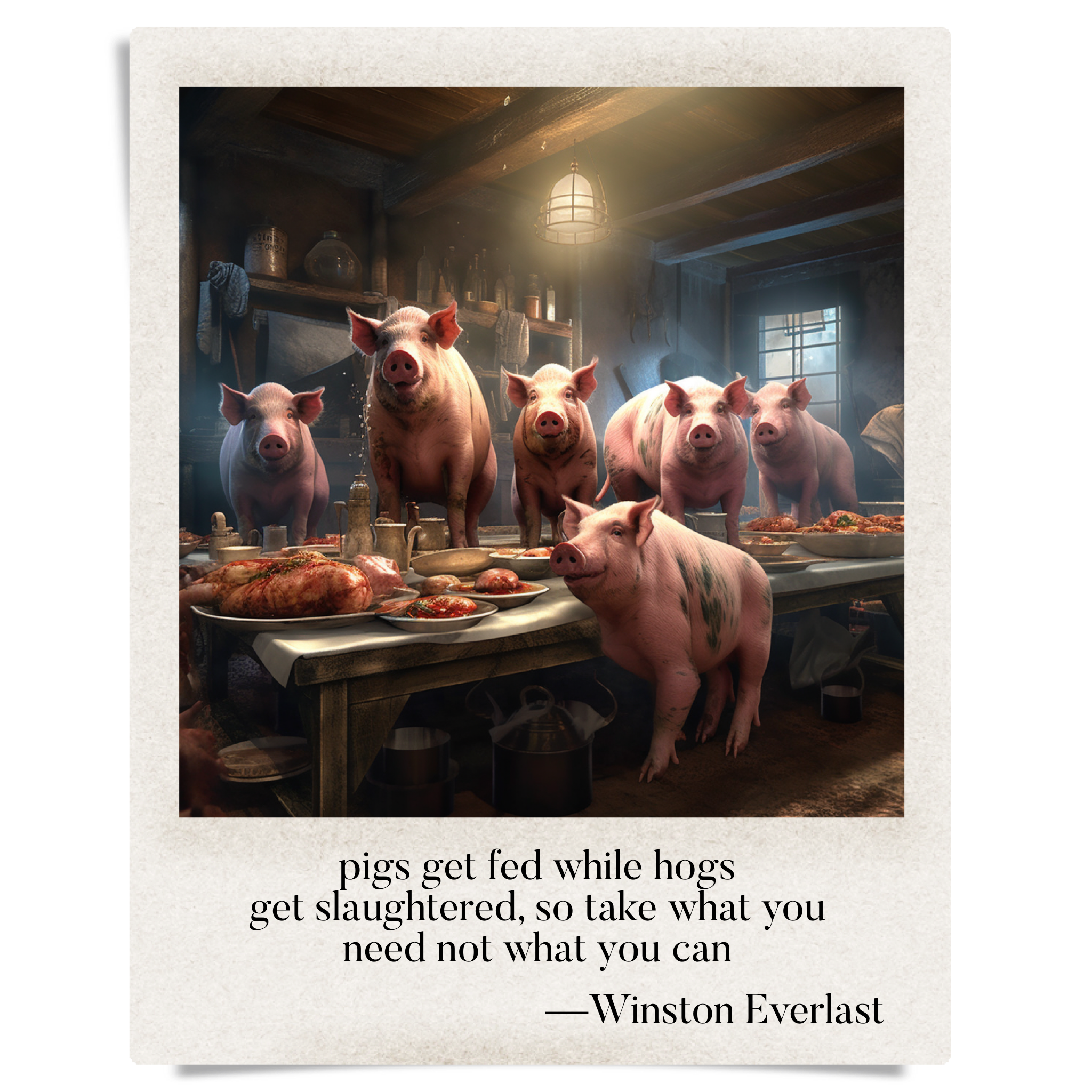 pigs get fed while hogs / get slaughtered, so take what you / need not what you can — haiga by Winston Everlast