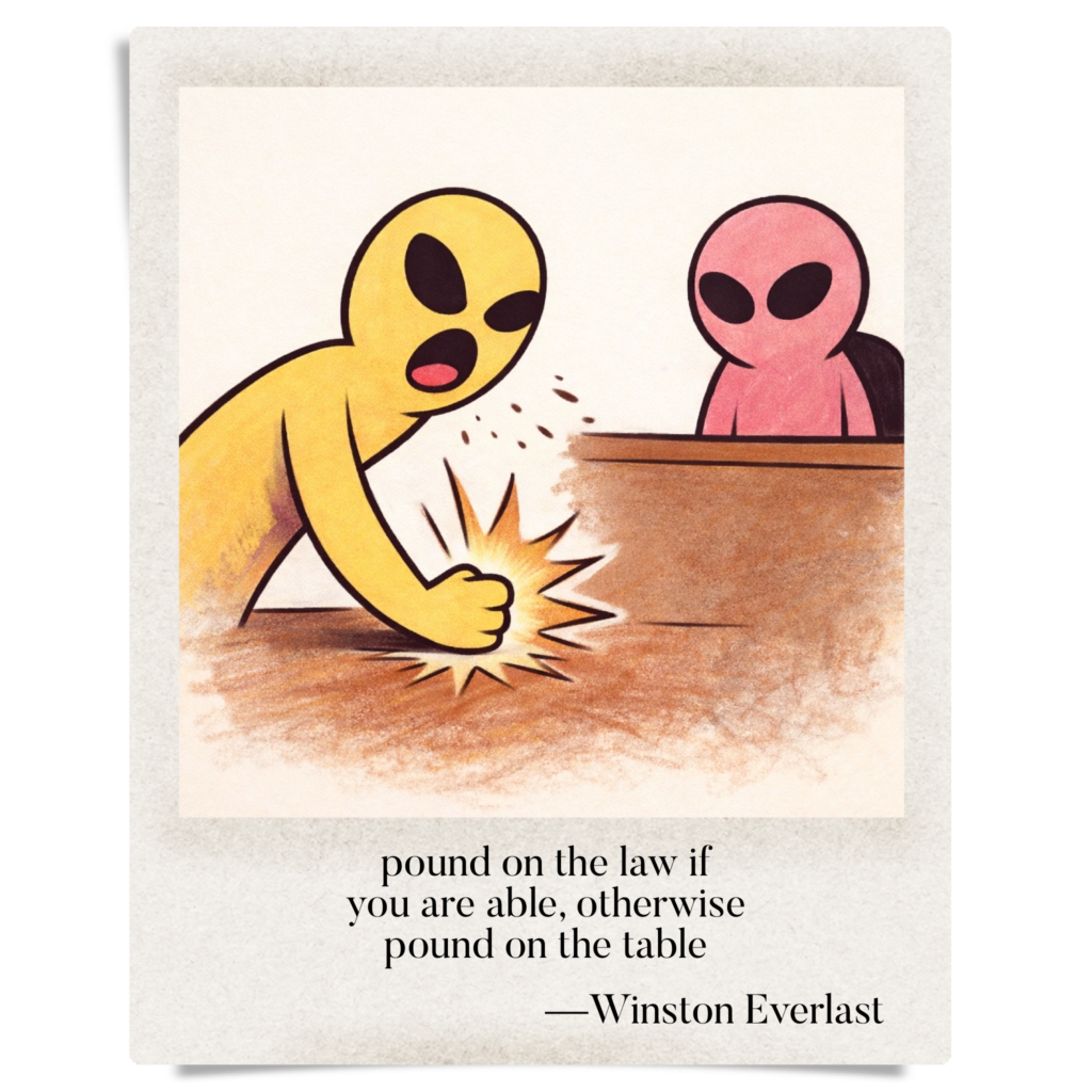 pound on the law if / you are able, otherwise / pound on the table — haiga by Winston Everlast