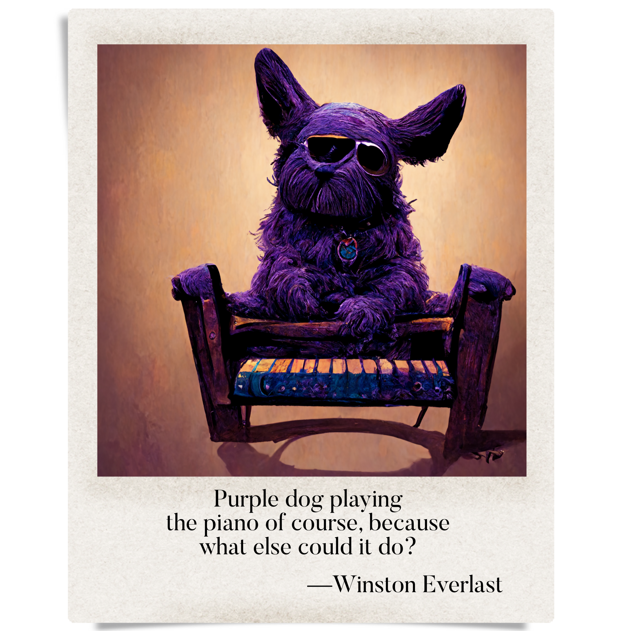 Purple dog playing / the piano of course, because / what else could it do? — haiga by Winston Everlast