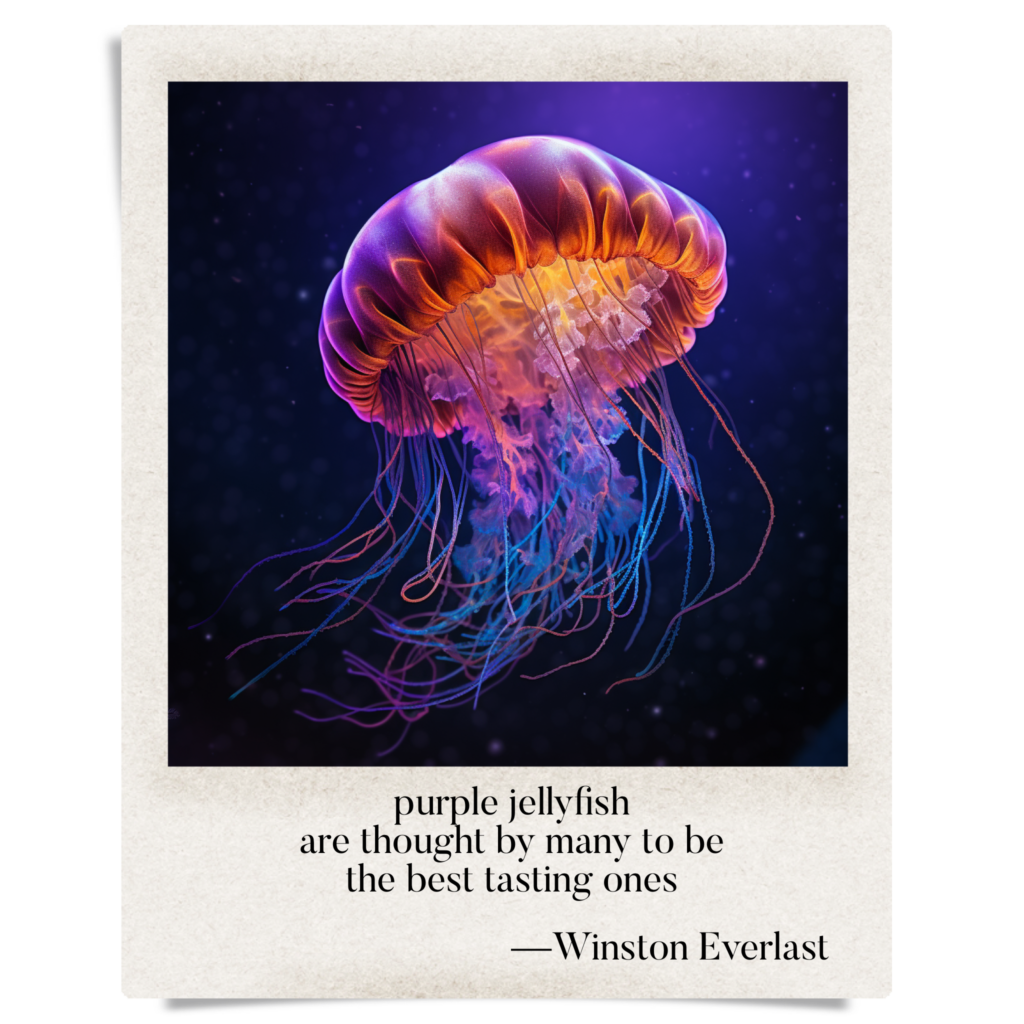 purple jellyfish / are thought by many to be / the best tasting ones — haiga by Winston Everlast