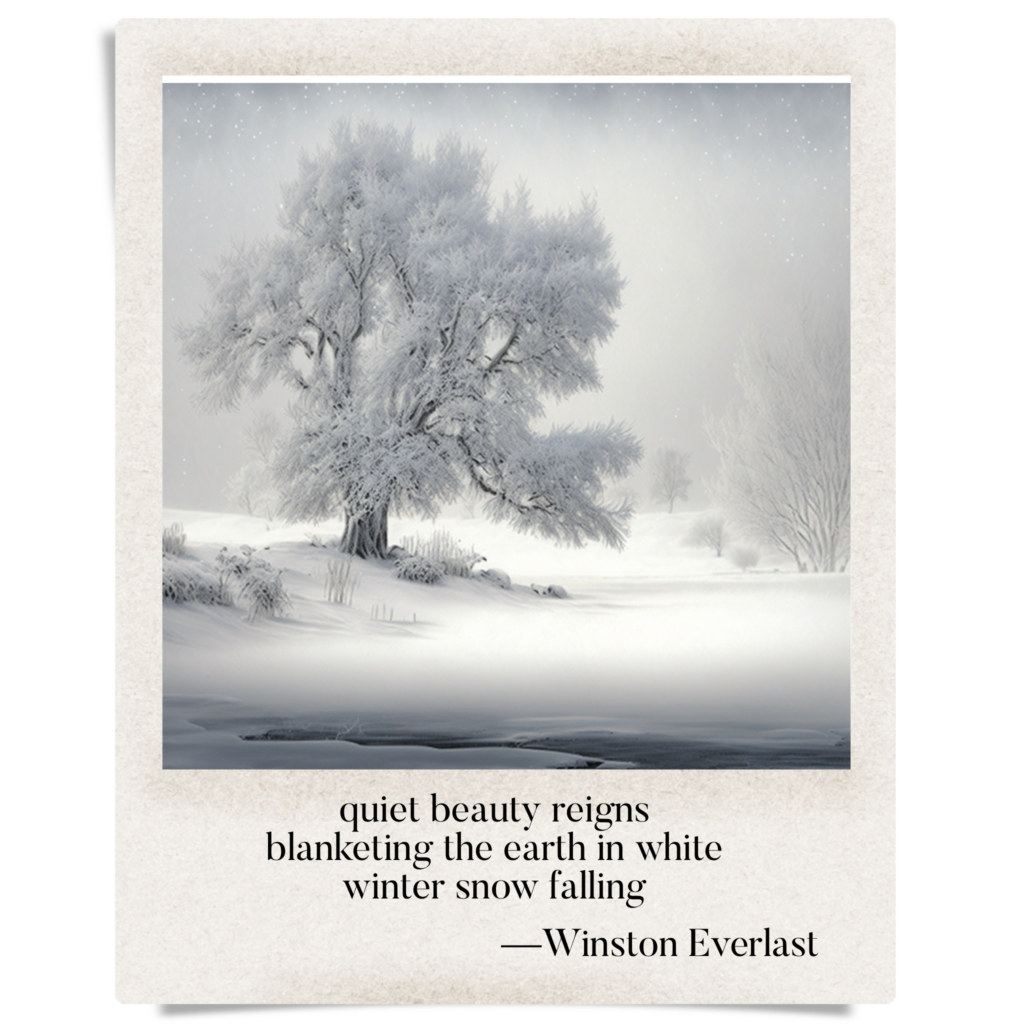 quiet beauty reigns / blanketing the earth in white / winter snow falling — haiga by Winston Everlast