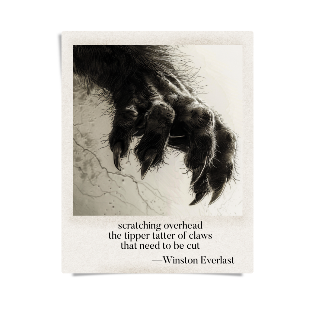 scratching overhead / the tipper tatter of claws / that need to be cut — haiga by Winston Everlast