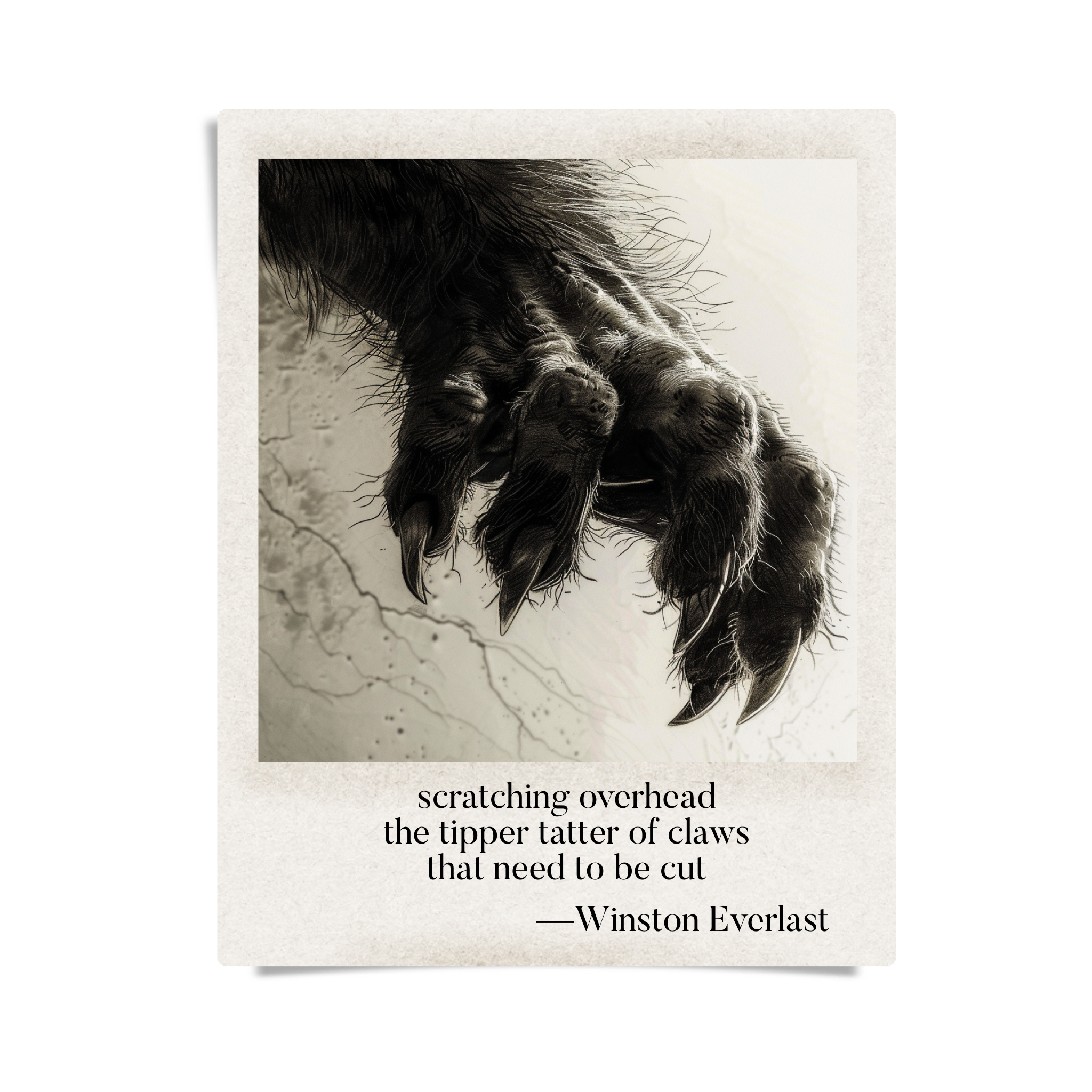 scratching overhead / the tipper tatter of claws / that need to be cut — haiga by Winston Everlast
