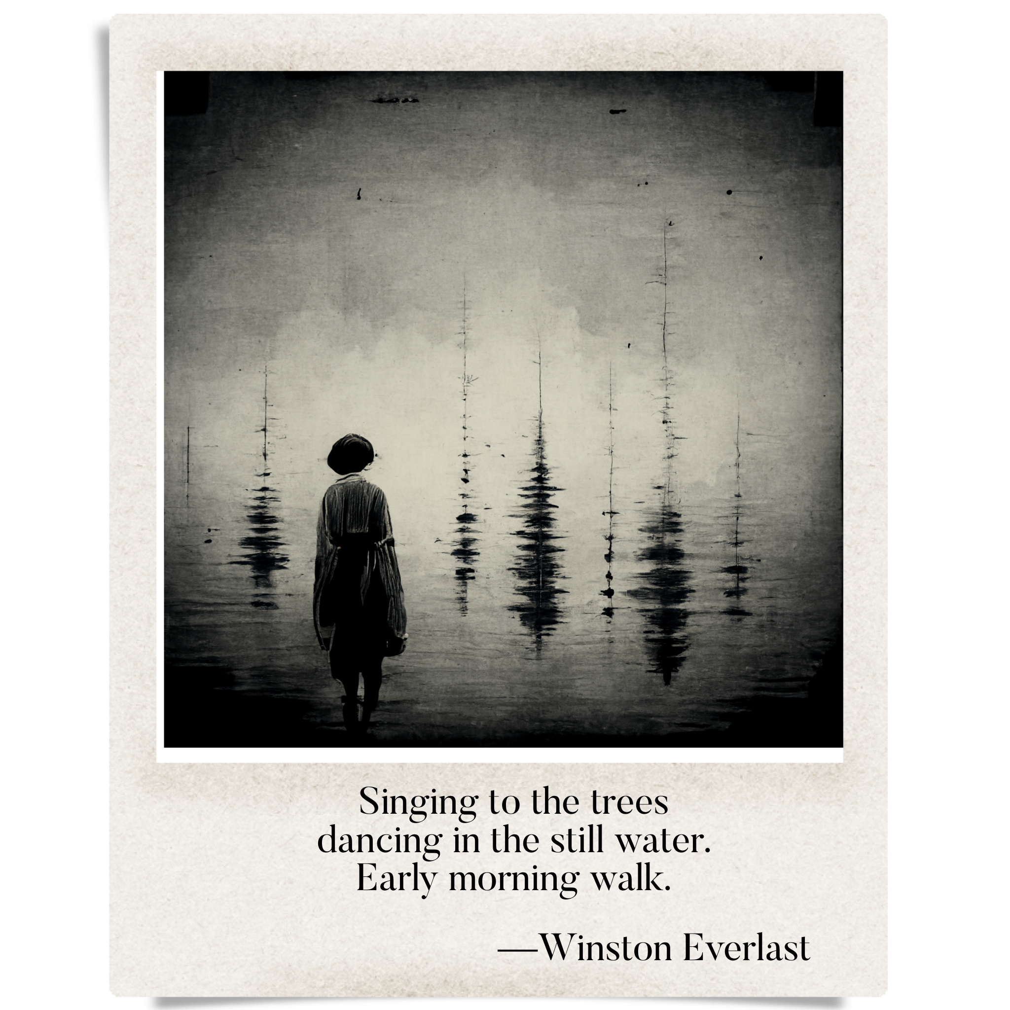 Singing to the trees / dancing in the still water. / Early morning walk. — haiga by Winston Everlast