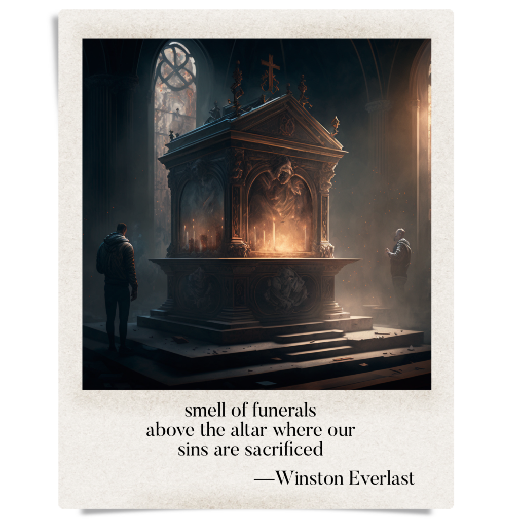 smell of funerals / above the altar where our / sins are sacrificed — haiga by Winston Everlast