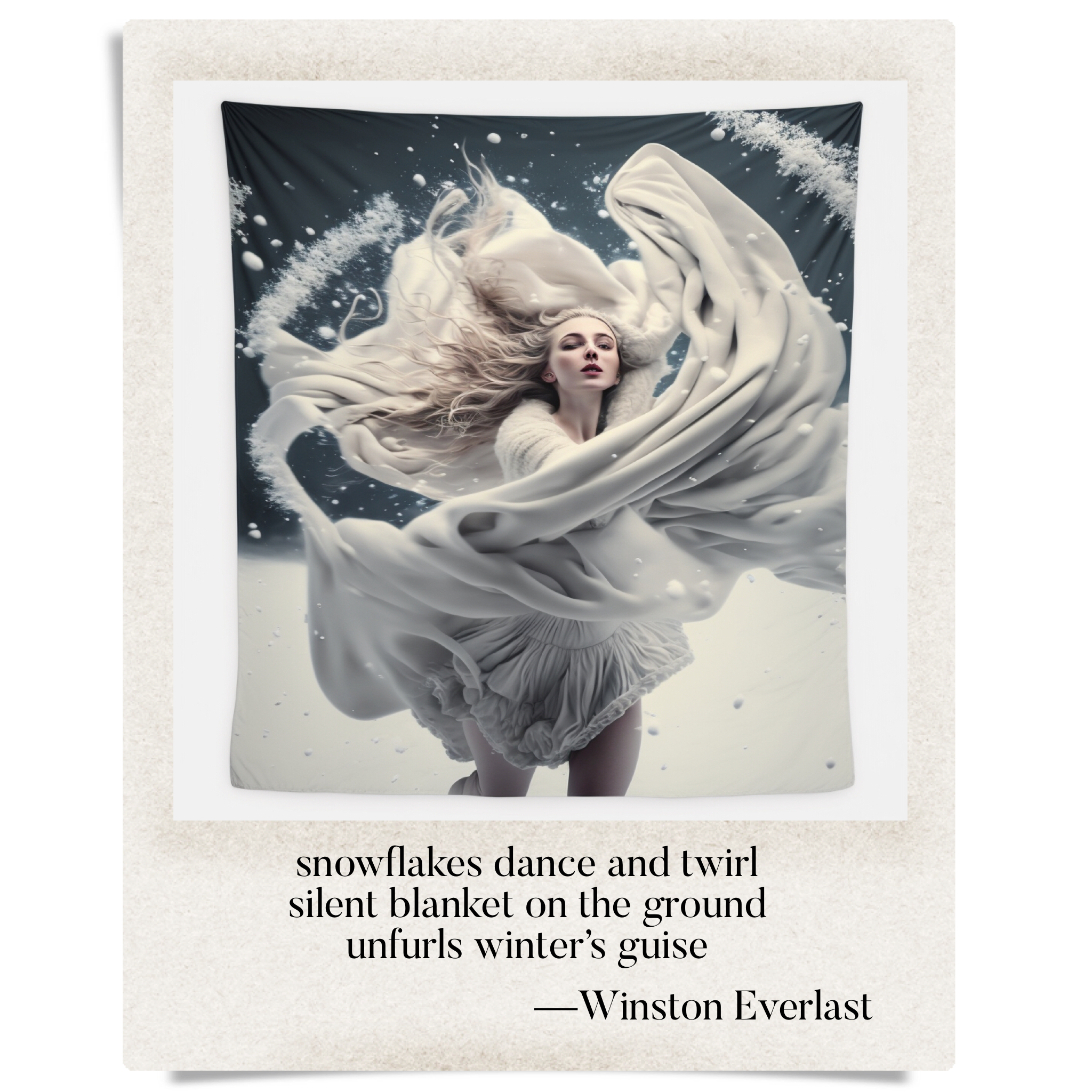 snowflakes dance and twirl / silent blanket on the ground / unfurls winter's guise — haiga by Winston Everlast