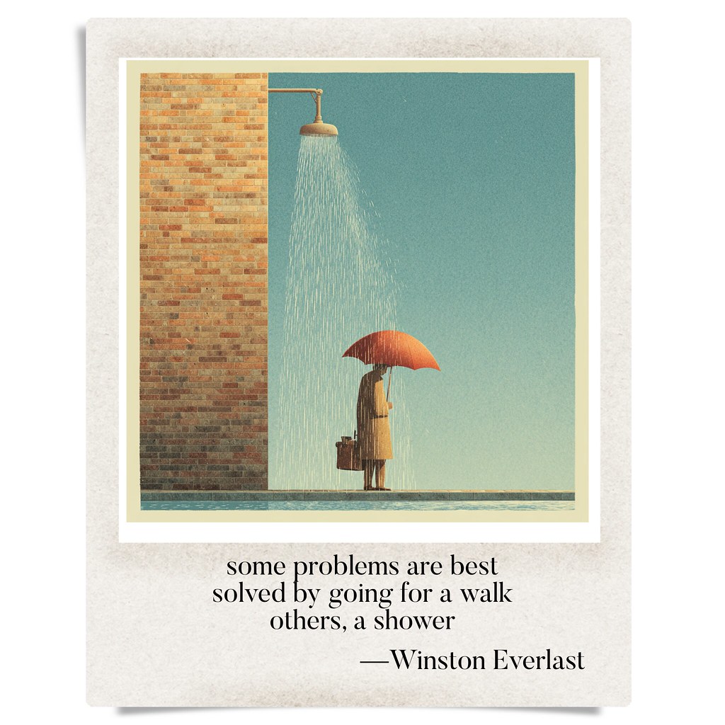 some problems are best / solved by going for a walk / others, a shower — haiga by Winston Everlast