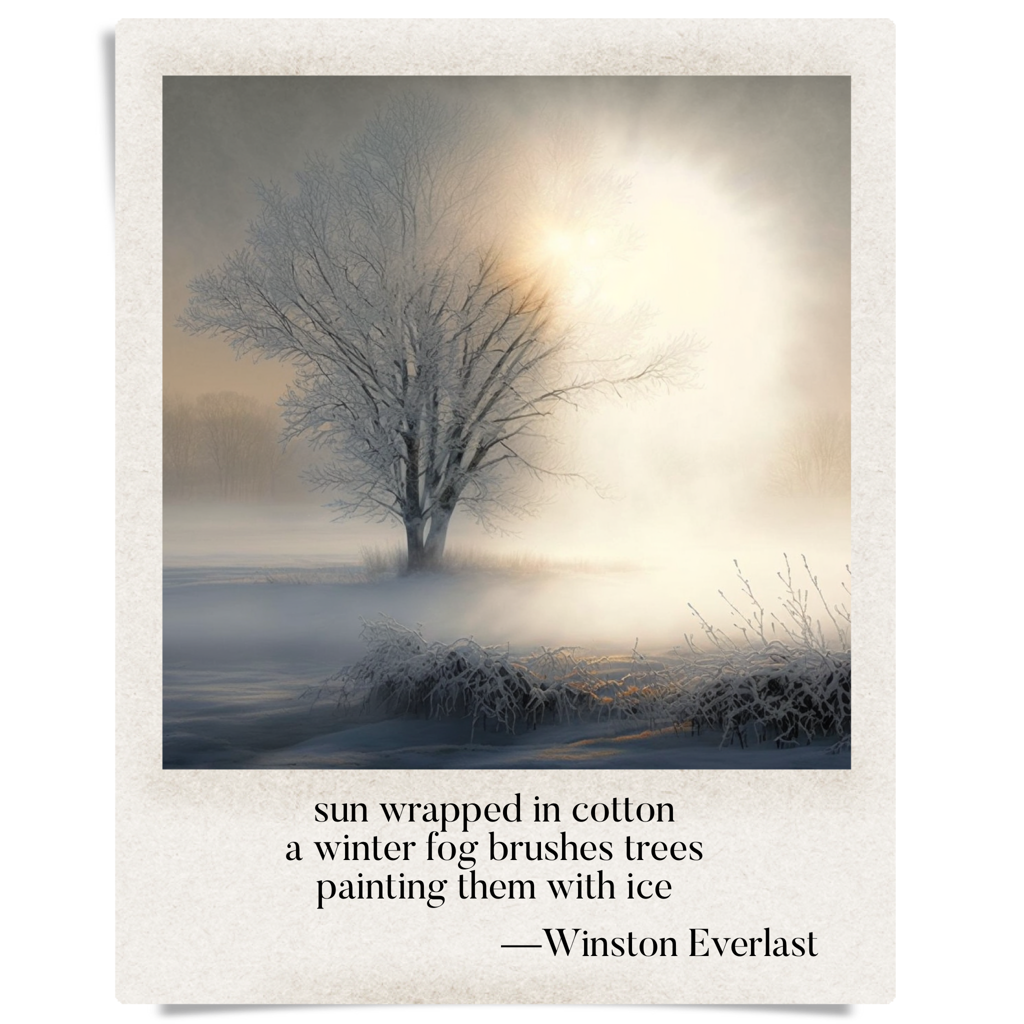 sun wrapped in cotton / a winter fog brushes trees / painting them with ice — haiga by Winston Everlast
