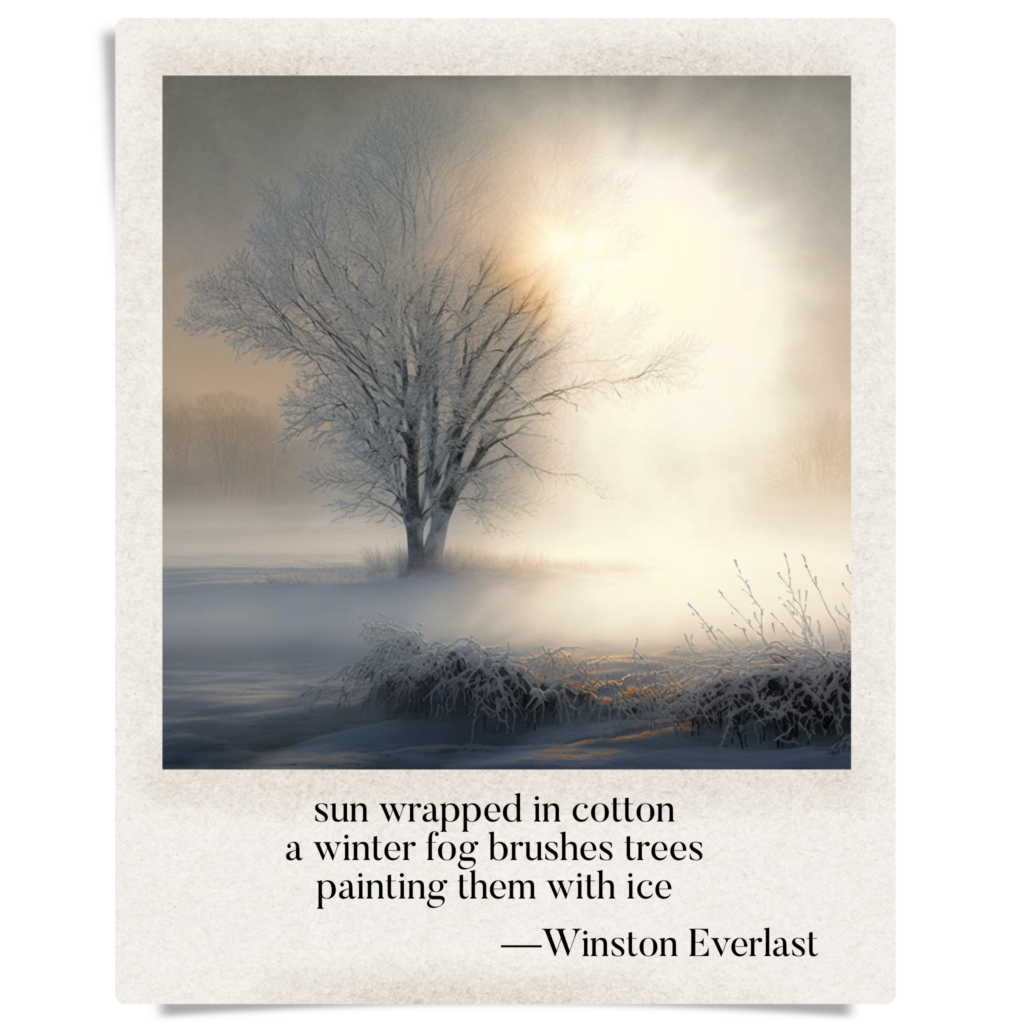sun wrapped in cotton / a winter fog brushes trees / painting them with ice — haiga by Winston Everlast