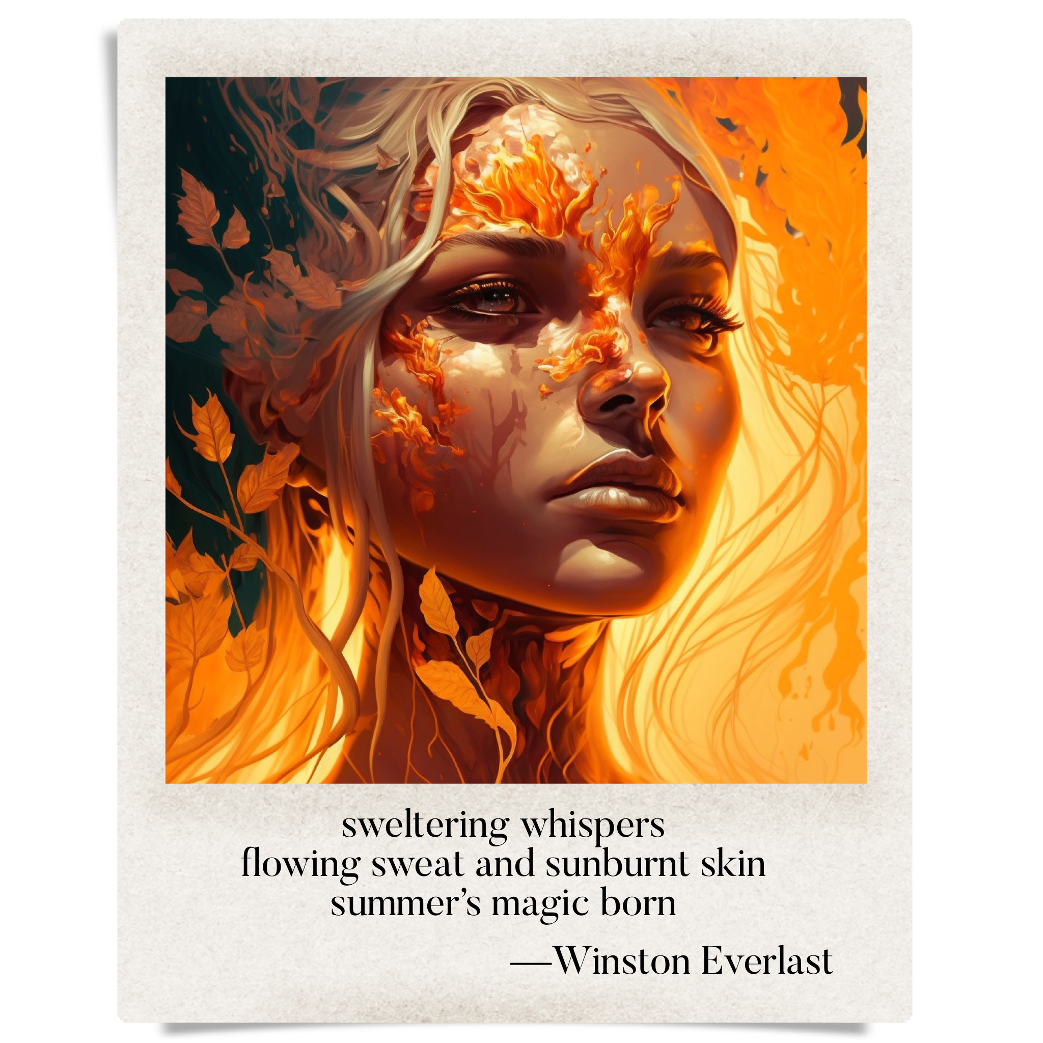 sweltering whispers / flowing sweat and sunburnt skin / summer's magic born — haiga by Winston Everlast