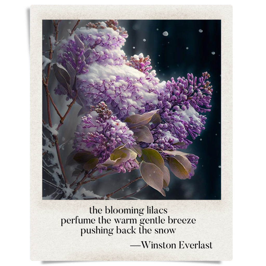 the blooming lilacs / perfume the warm gentle breeze / pushing back the snow — haiga by Winston Everlast