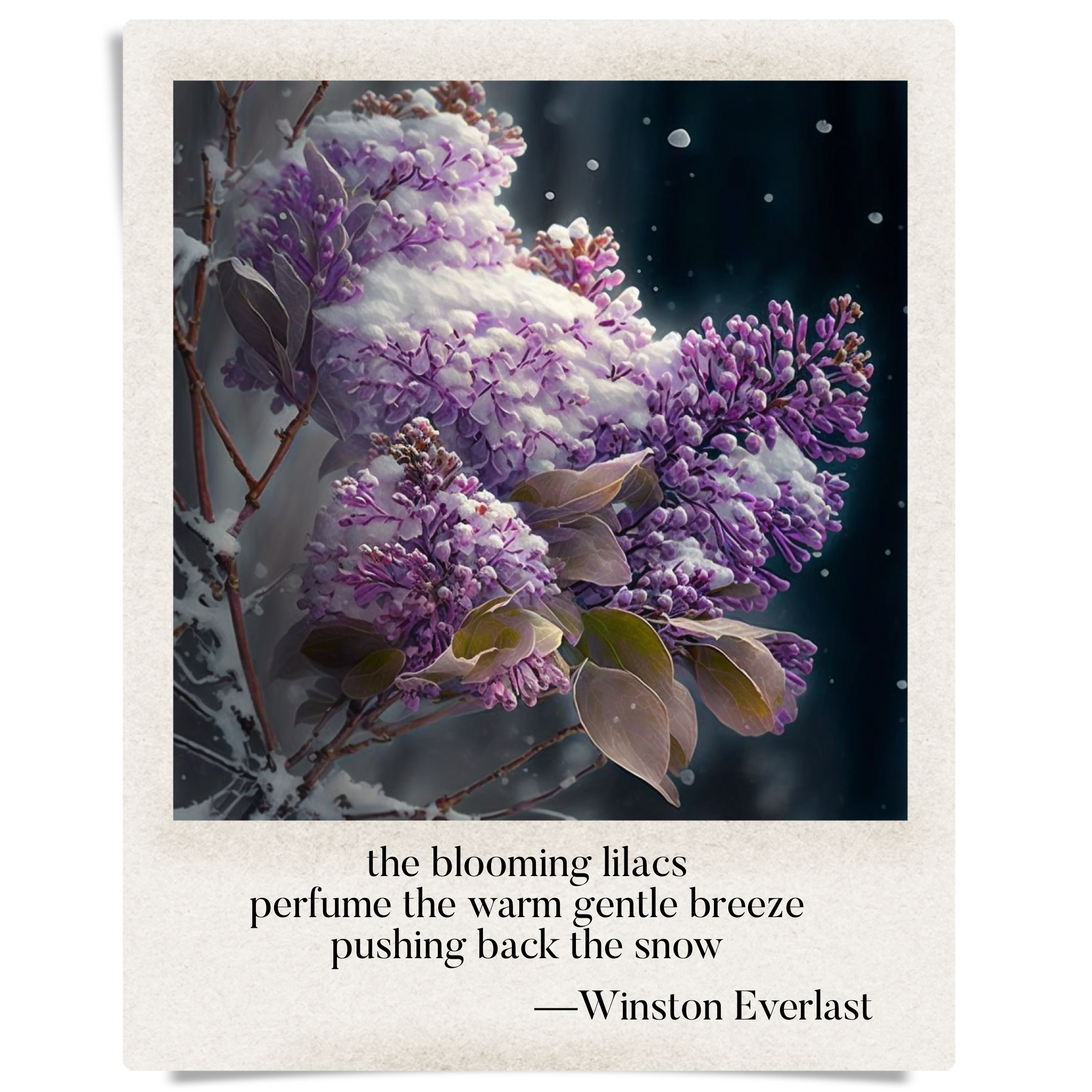 the blooming lilacs / perfume the warm gentle breeze / pushing back the snow — haiga by Winston Everlast