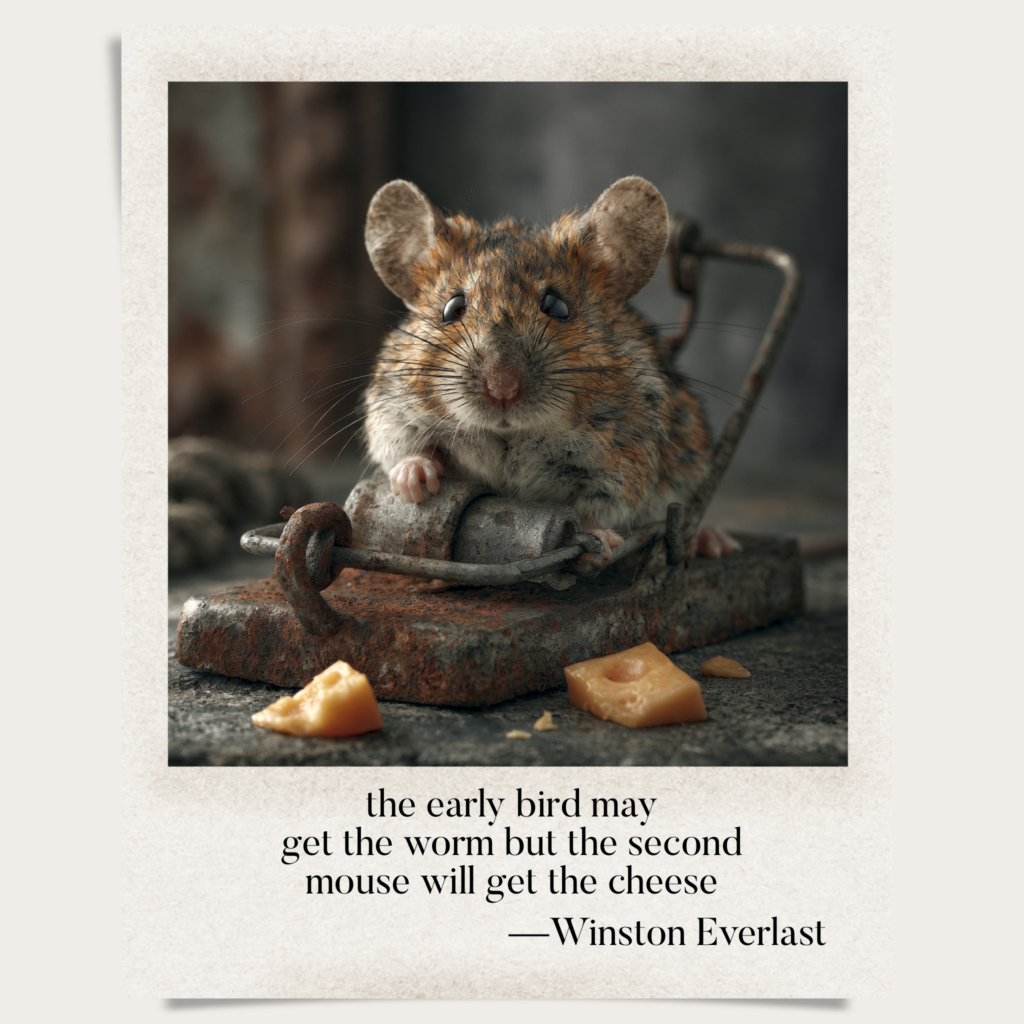 the early bird may / get the worm but the second / mouse will get the cheese — haiga by Winston Everlast