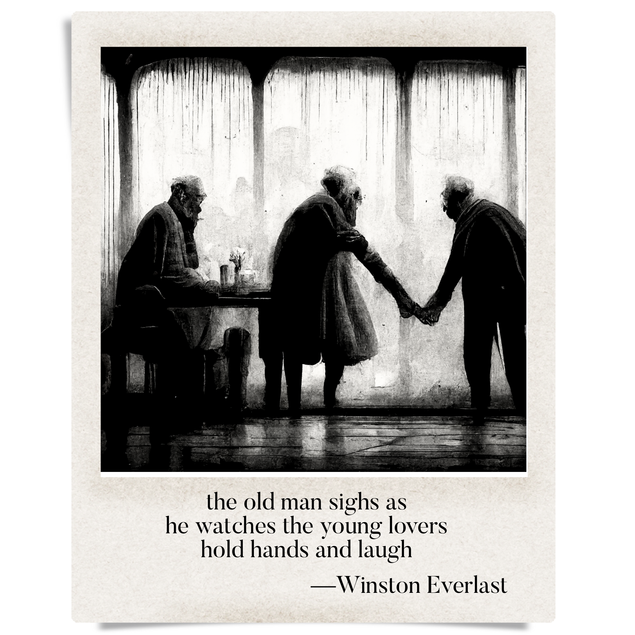 the old man sighs as / he watches the young lovers / hold hands and laugh — haiga by Winston Everlast