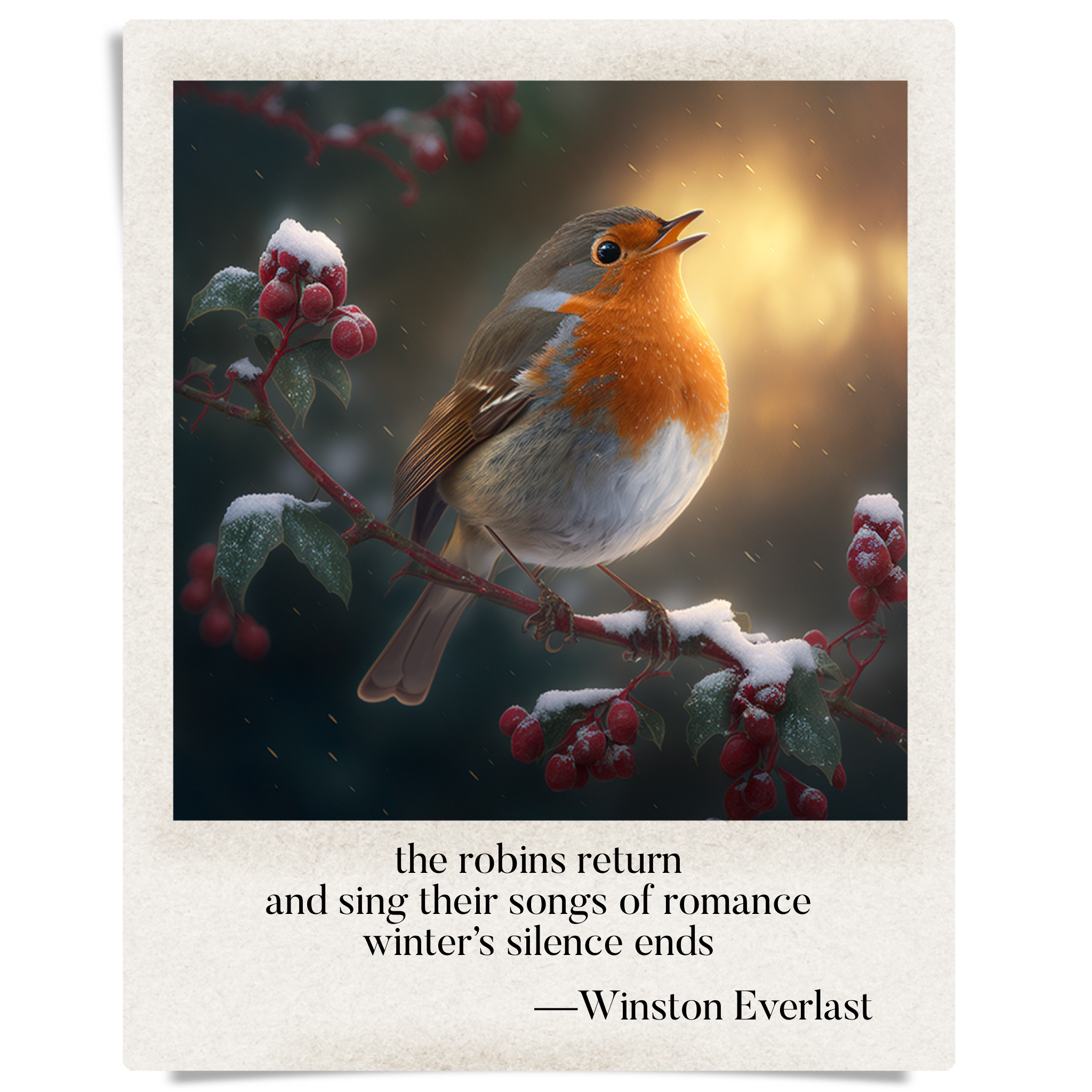 the robins return / and sing their songs of romance / winter's silence ends — haiga by Winston Everlast