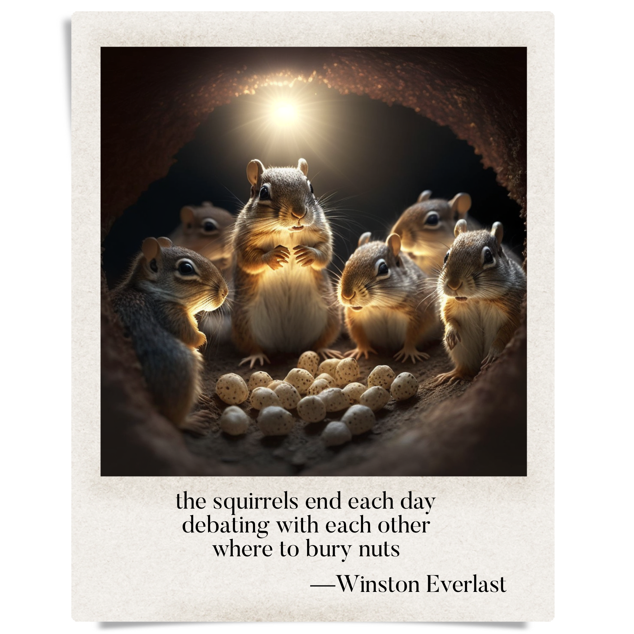 the squirrels end each day / debating with each other / where to bury nuts — haiga by Winston Everlast