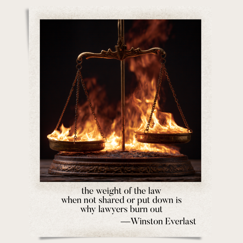 the weight of the law / when not shared or put down is / why lawyers burn out — haiga by Winston Everlast