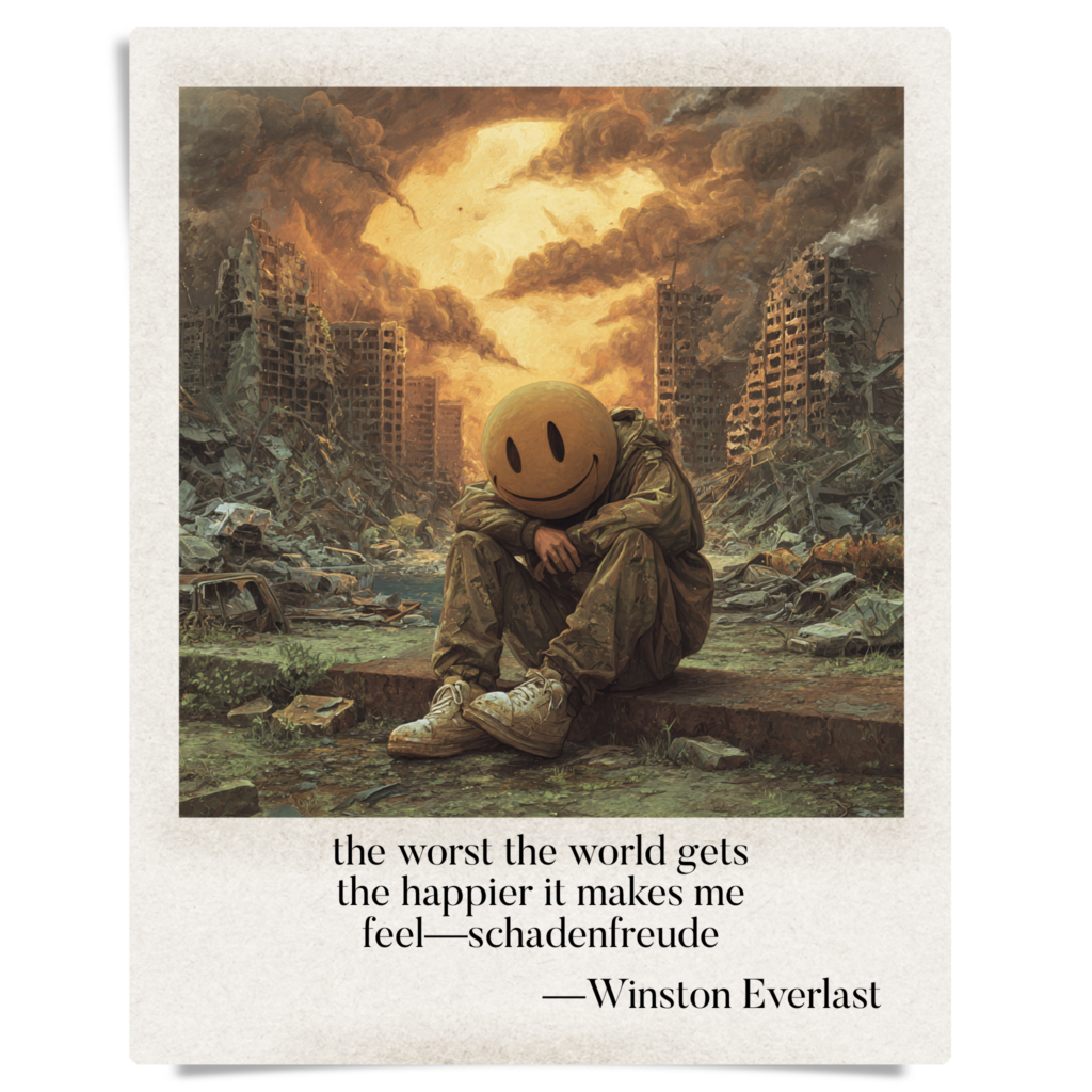 the worse the world gets / the happier it makes me / feel—schadenfreude — haiga by Winston Everlast