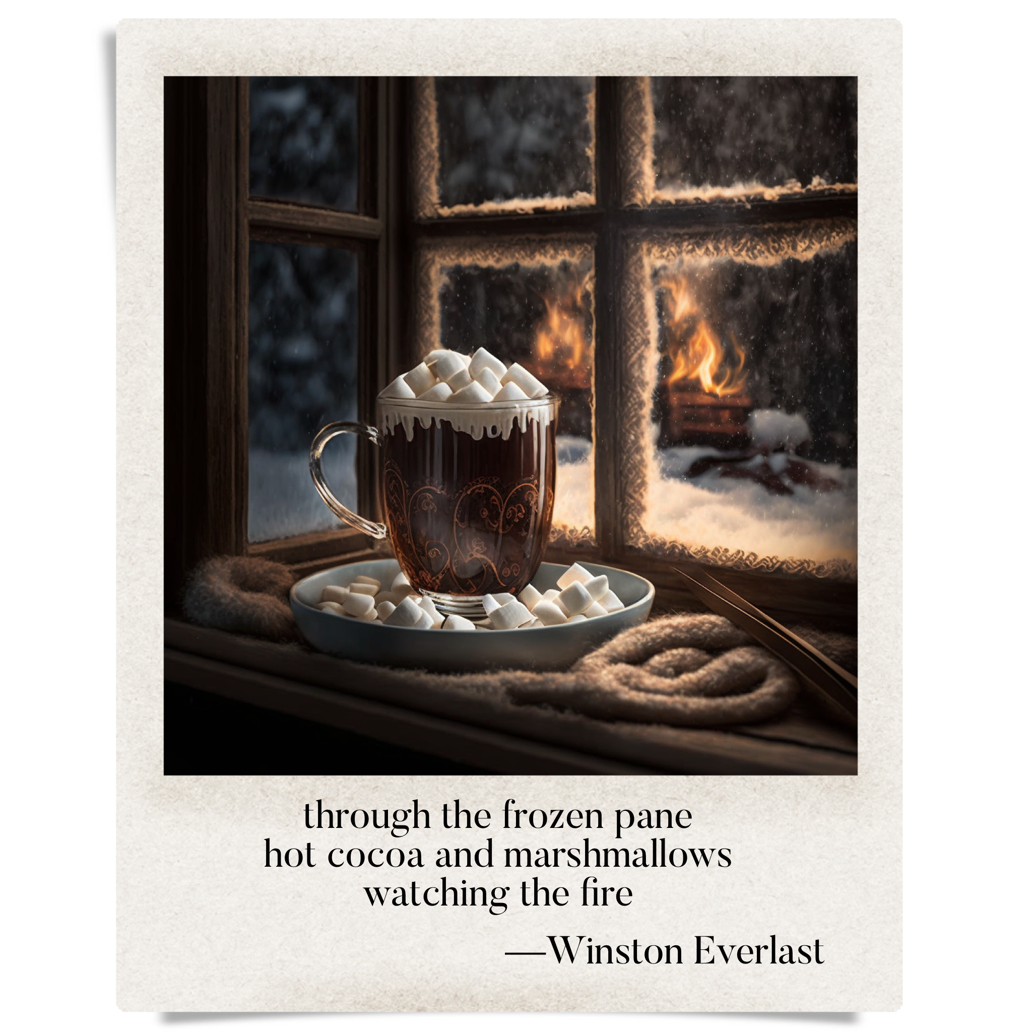 through the frozen pane / hot cocoa and marshmallows / watching the fire — haiga by Winston Everlast