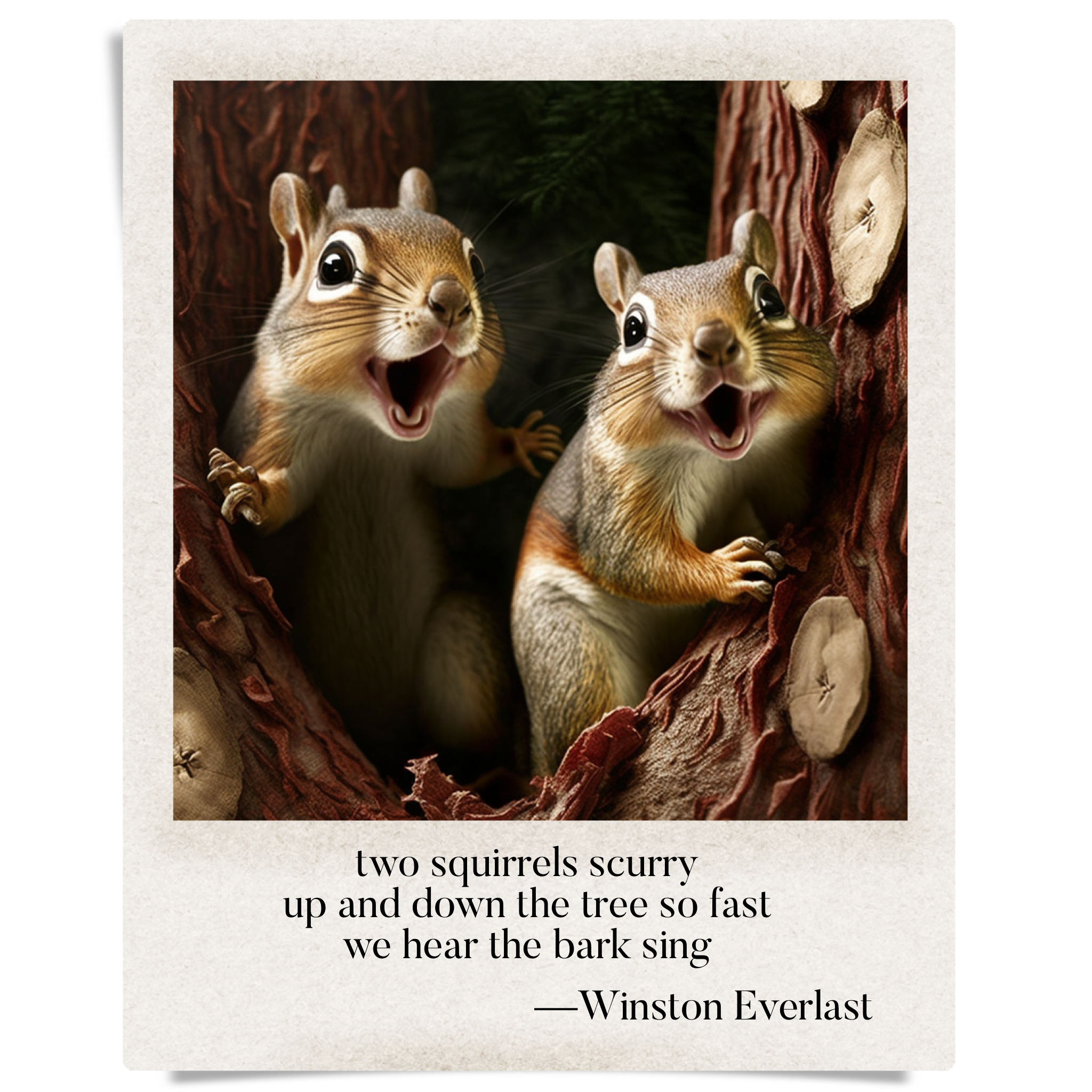 two squirrels scurry / up and down the tree so fast / we hear the bark sing — haiga by Winston Everlast