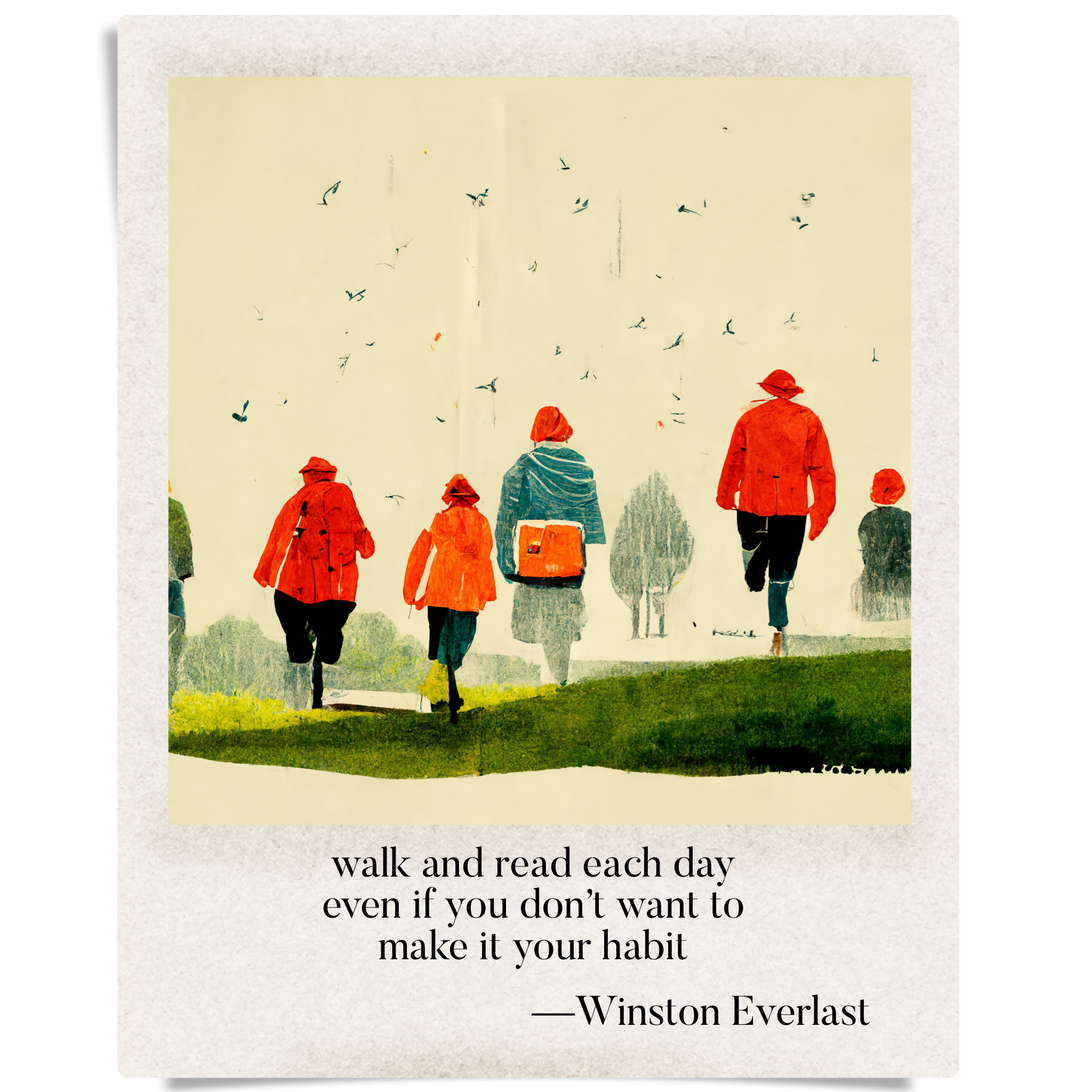 walk and read each day / even if you don't want to / make it your habit — haiga by Winston Everlast