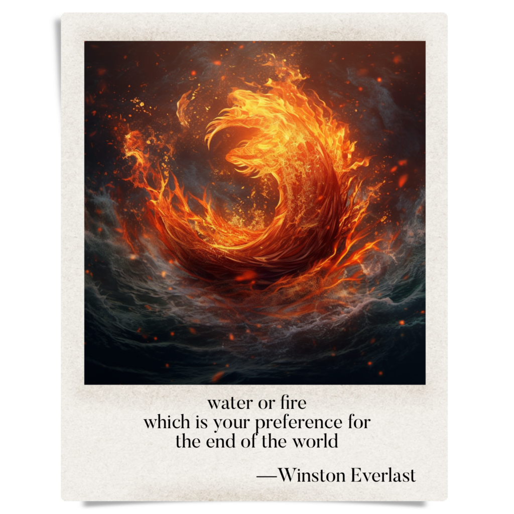 water or fire / which is your preference for / the end of the world — haiga by Winston Everlast