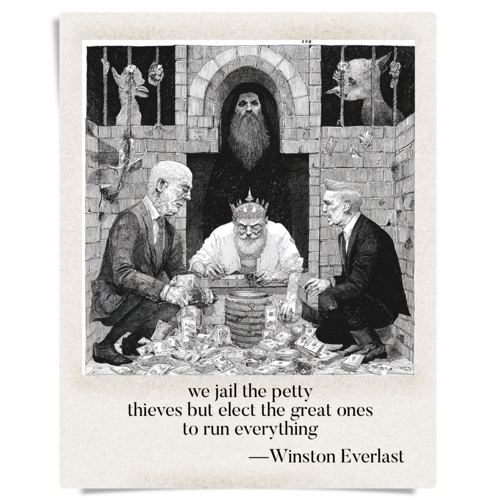 we jail the petty / thieves but elect the great ones / to run everything — haiga by Winston Everlast