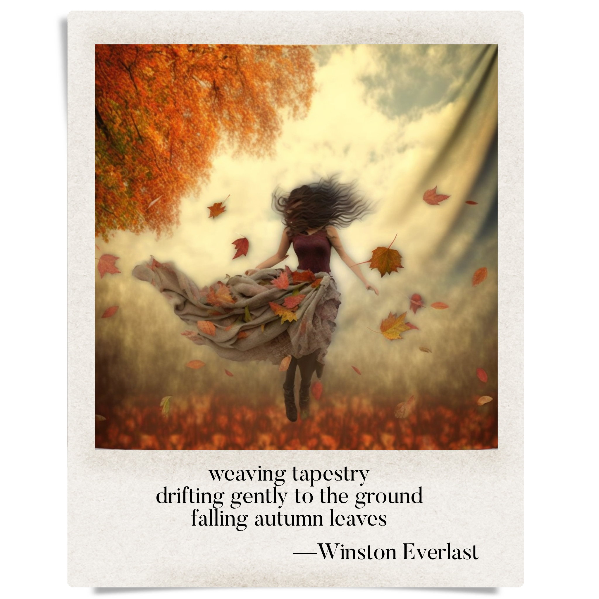 weaving tapestry / drifting gently to the ground / falling autumn leaves — haiga by Winston Everlast