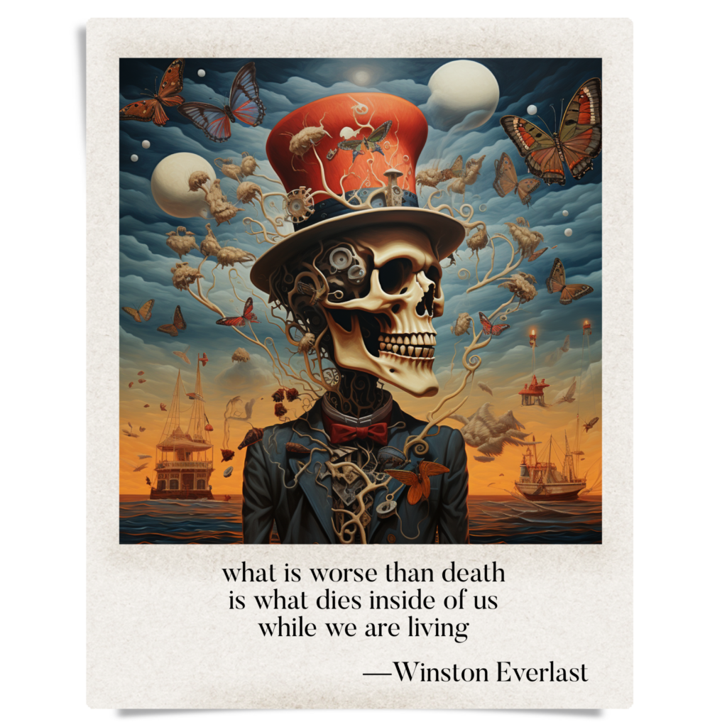 what is worse than death / is what dies inside of us / while we are living — haiga by Winston Everlast