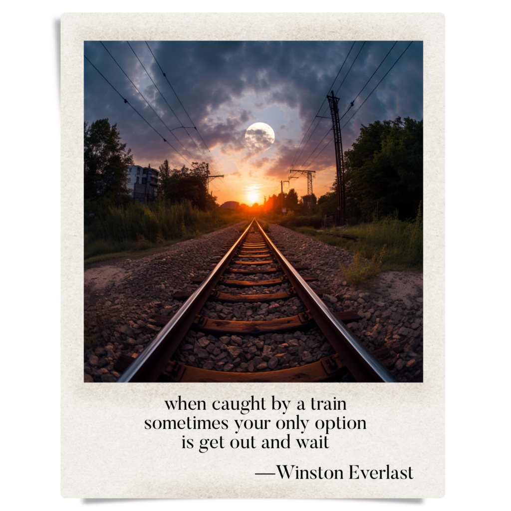 when caught by a train / sometimes your only option / is get out and wait — haiga by Winston Everlast