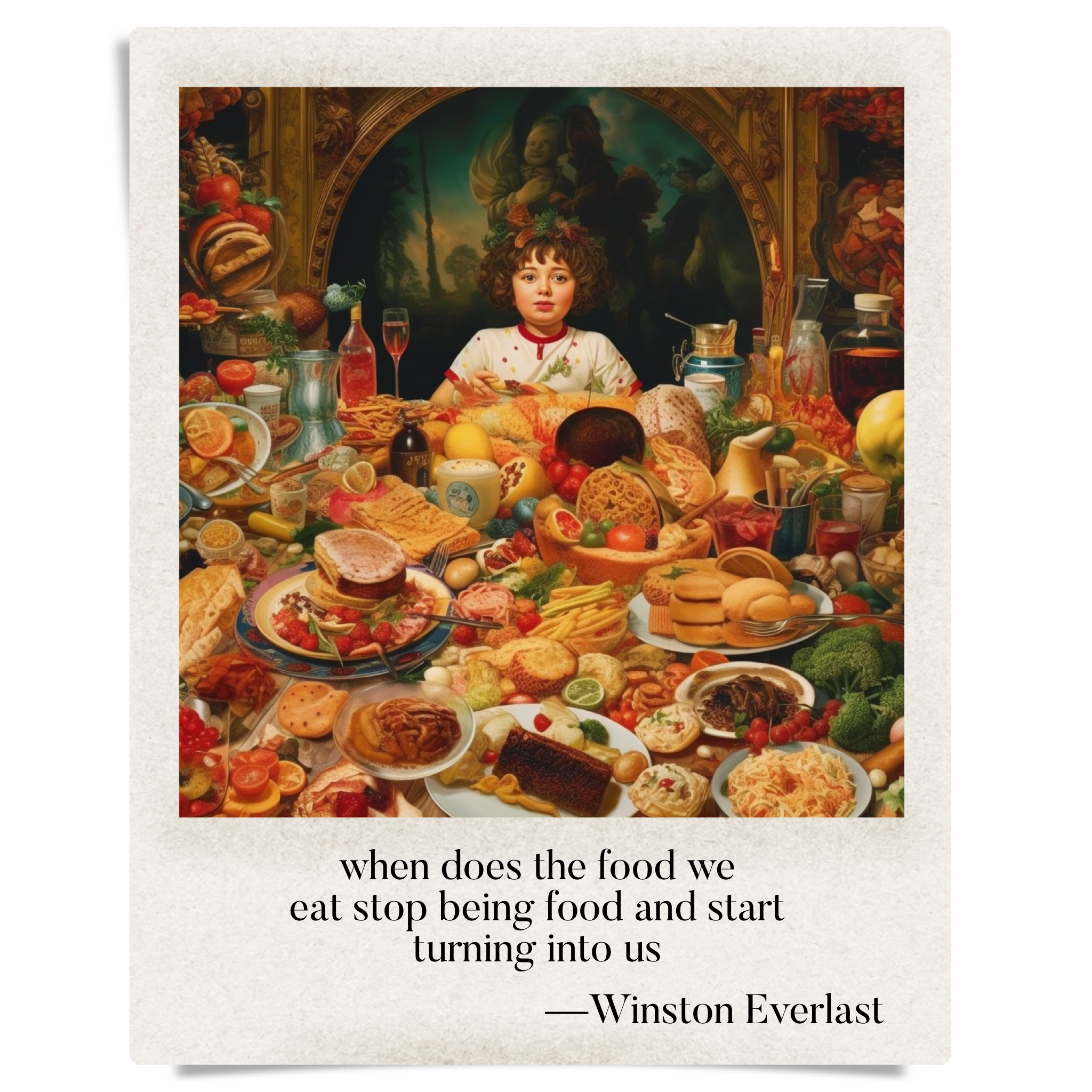 when does the food we / eat stop being food and start / turning into us — haiga by Winston Everlast