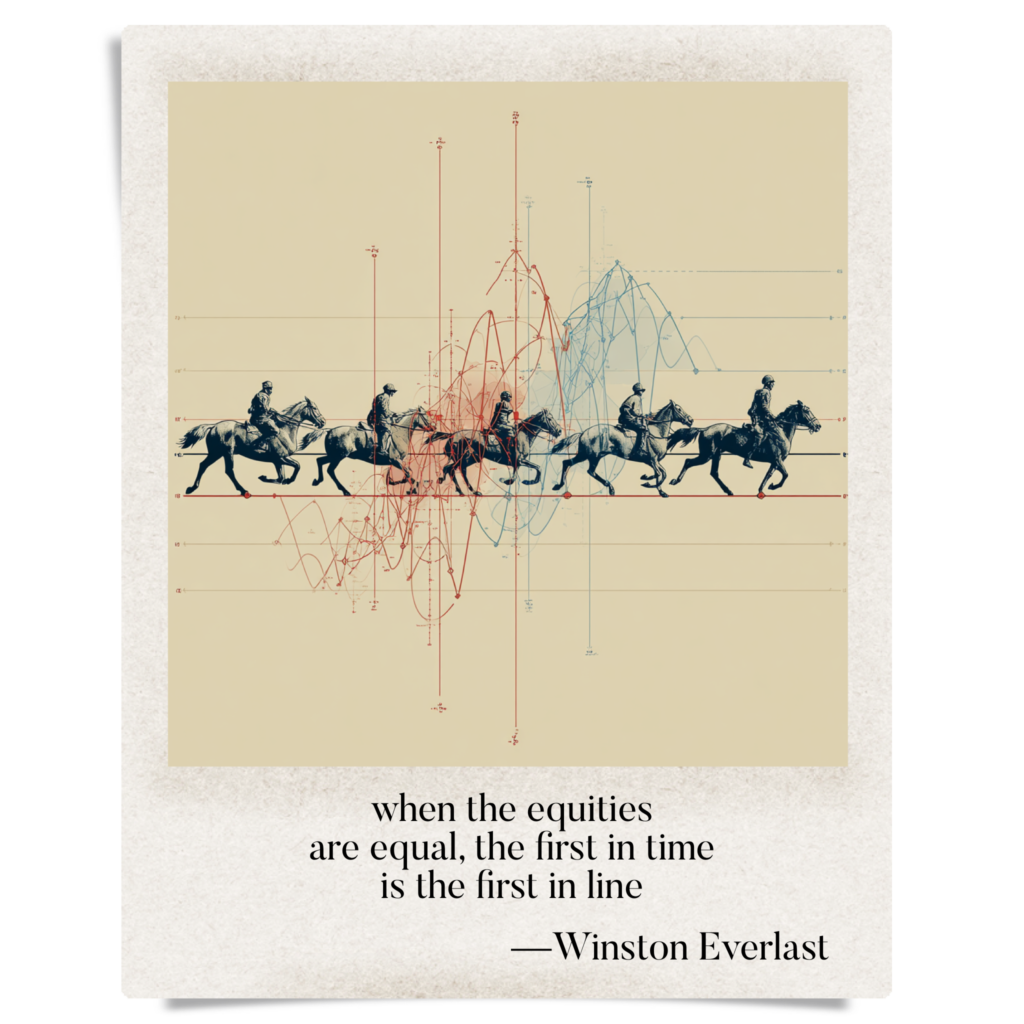 when the equities / are equal, the first in time / is the first in line — haiga by Winston Everlast