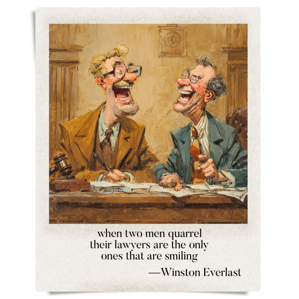 when two men quarrel / their lawyers are the only / ones that are smiling — haiga by Winston Everlast