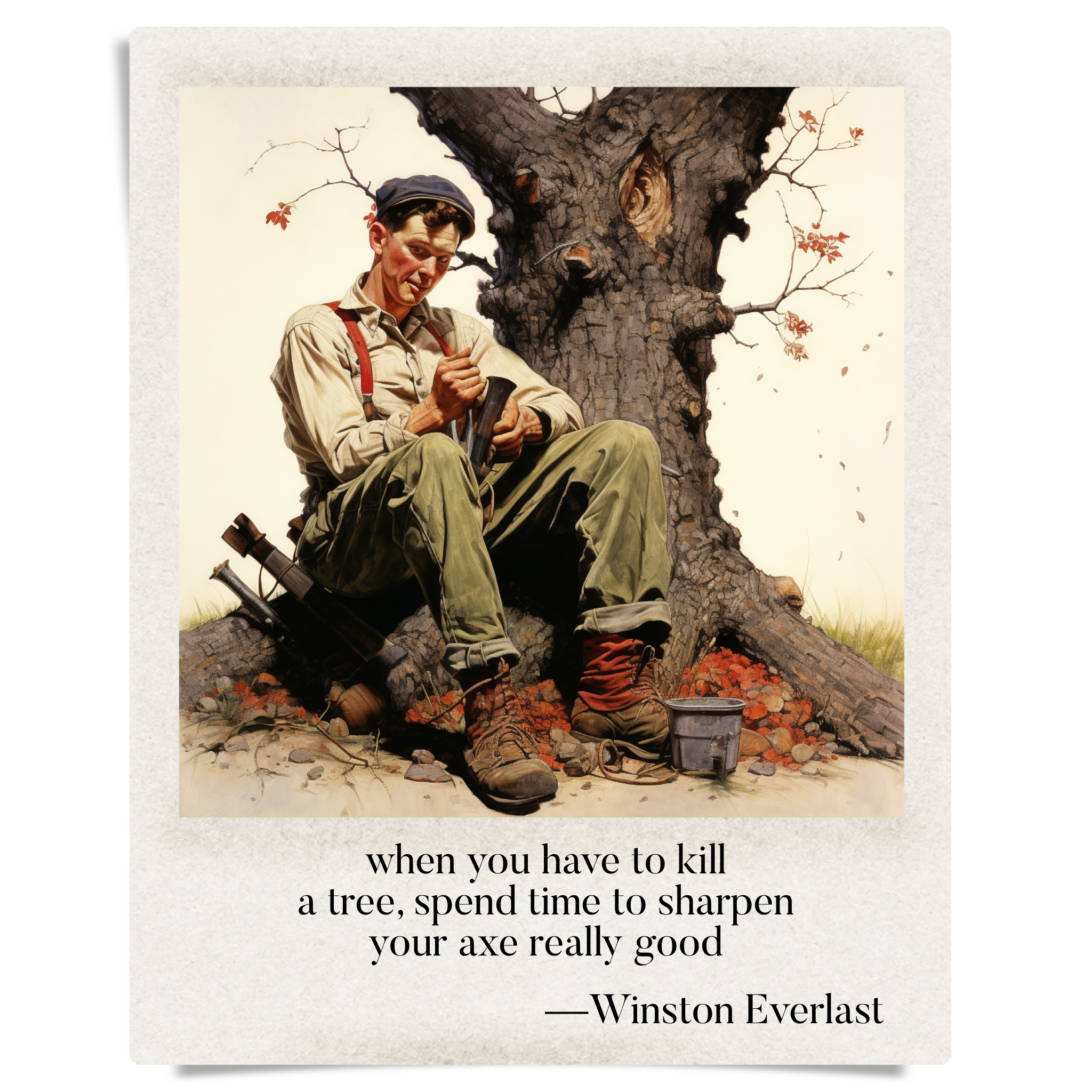 when you have to kill / a tree, spend time to sharpen / your axe really good — haiga by Winston Everlast