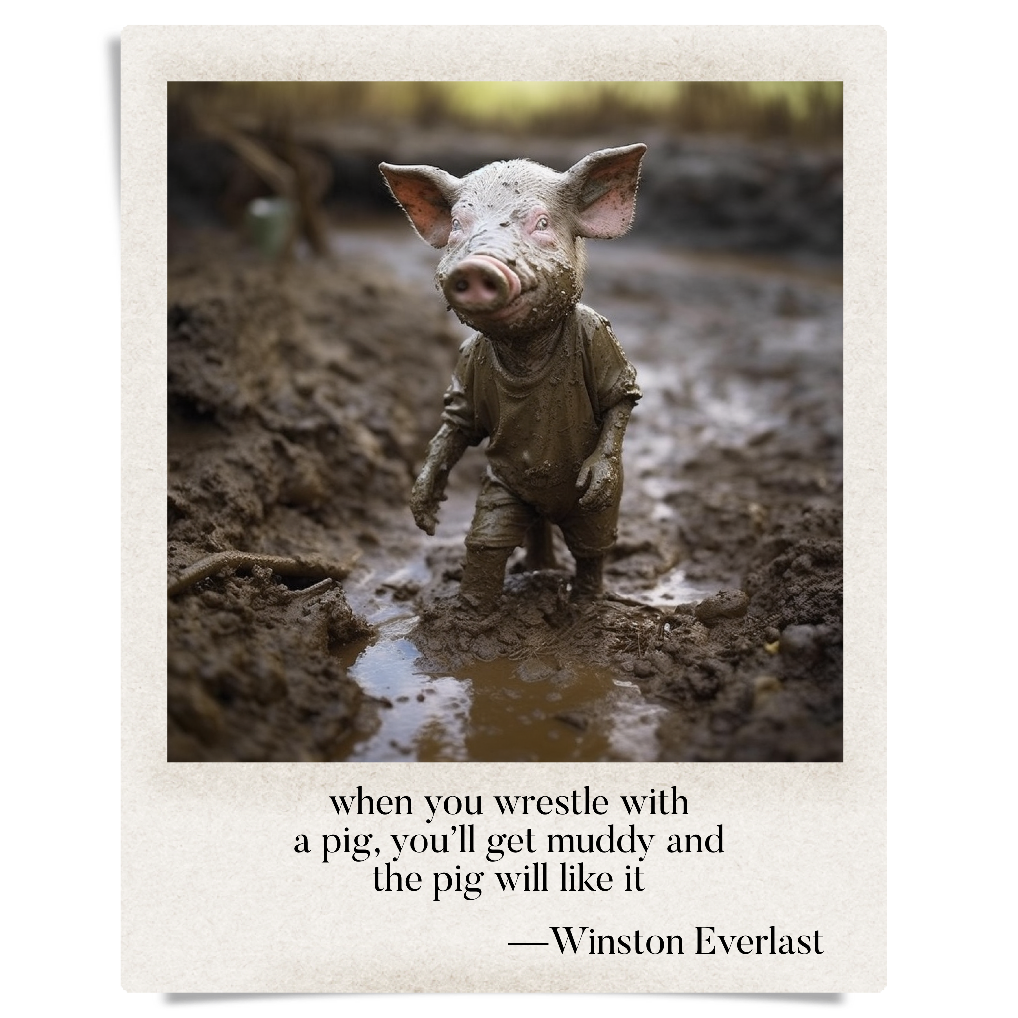 when you wrestle with / a pig, you'll get muddy and / the pig will like it — haiga by Winston Everlast
