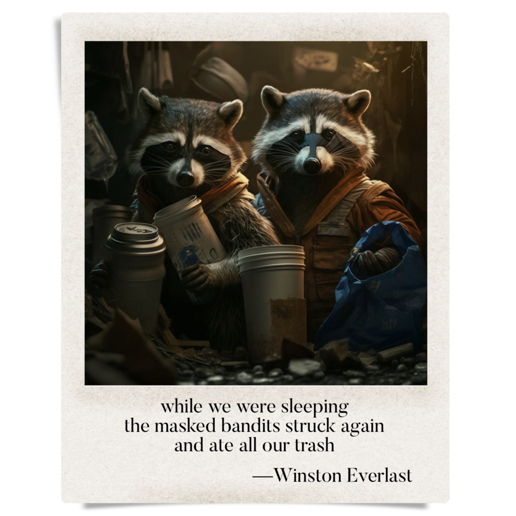 while we were sleeping / the masked bandits struck again / and ate all our trash — haiga by Winston Everlast