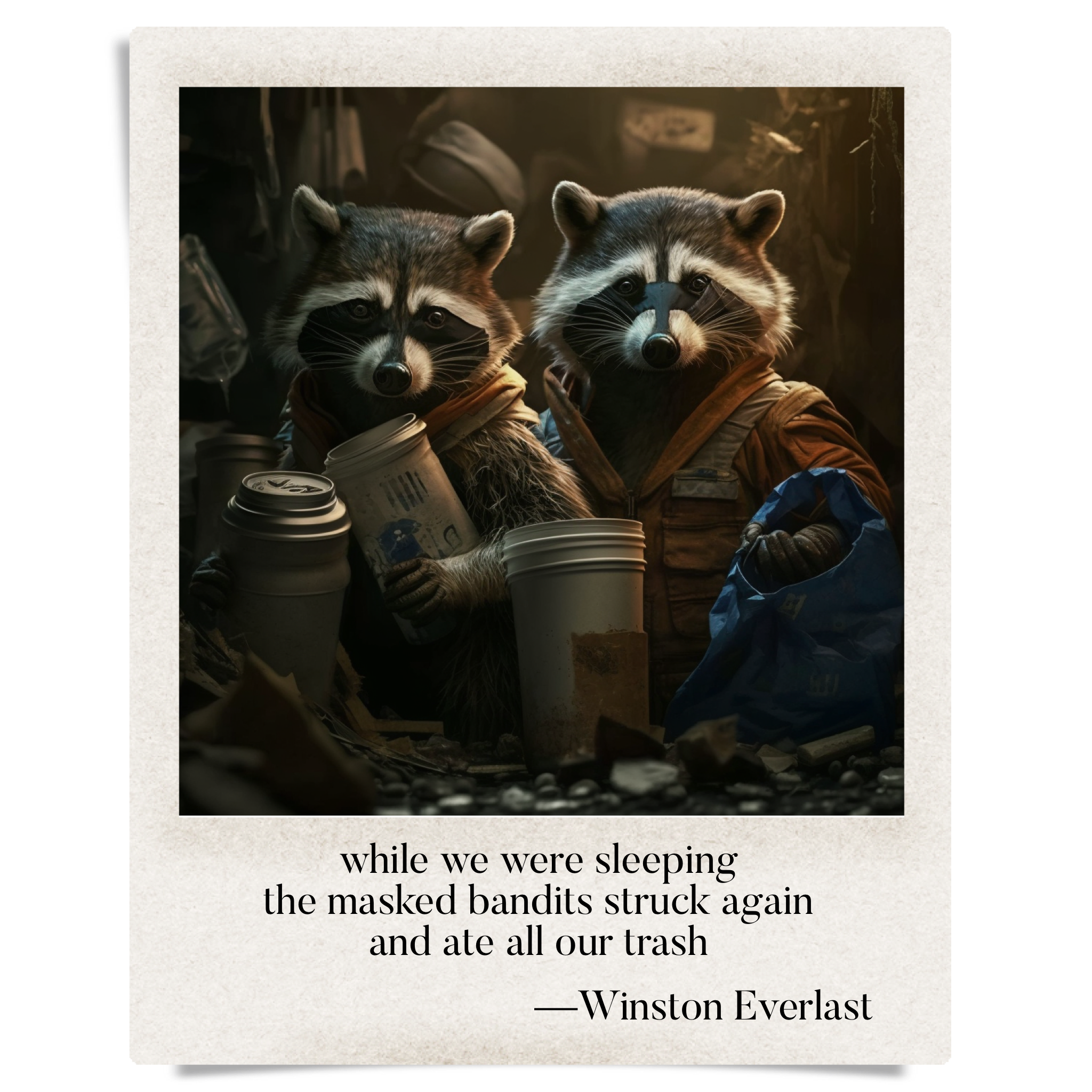 while we were sleeping / the masked bandits struck again / and ate all our trash — haiga by Winston Everlast