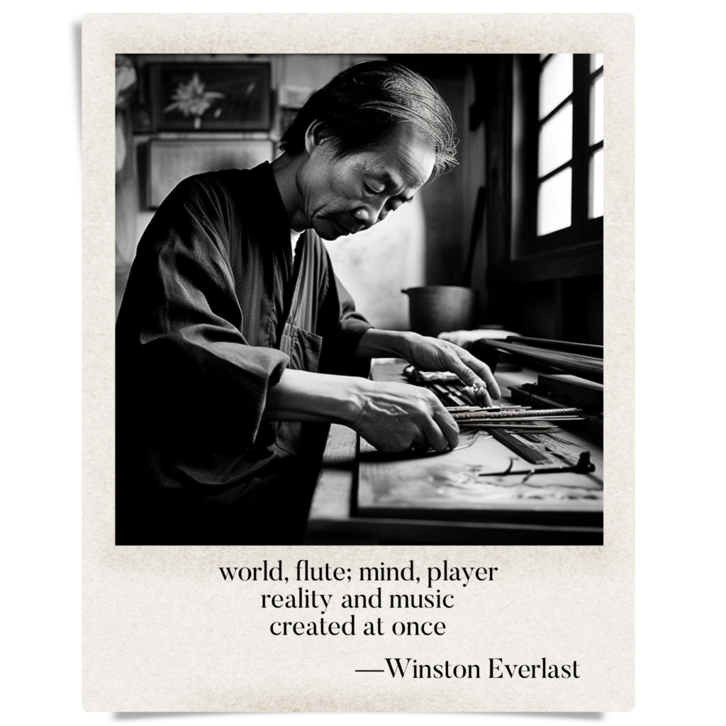 world, flute; mind, player / reality and music / created at once — haiga by Winston Everlast