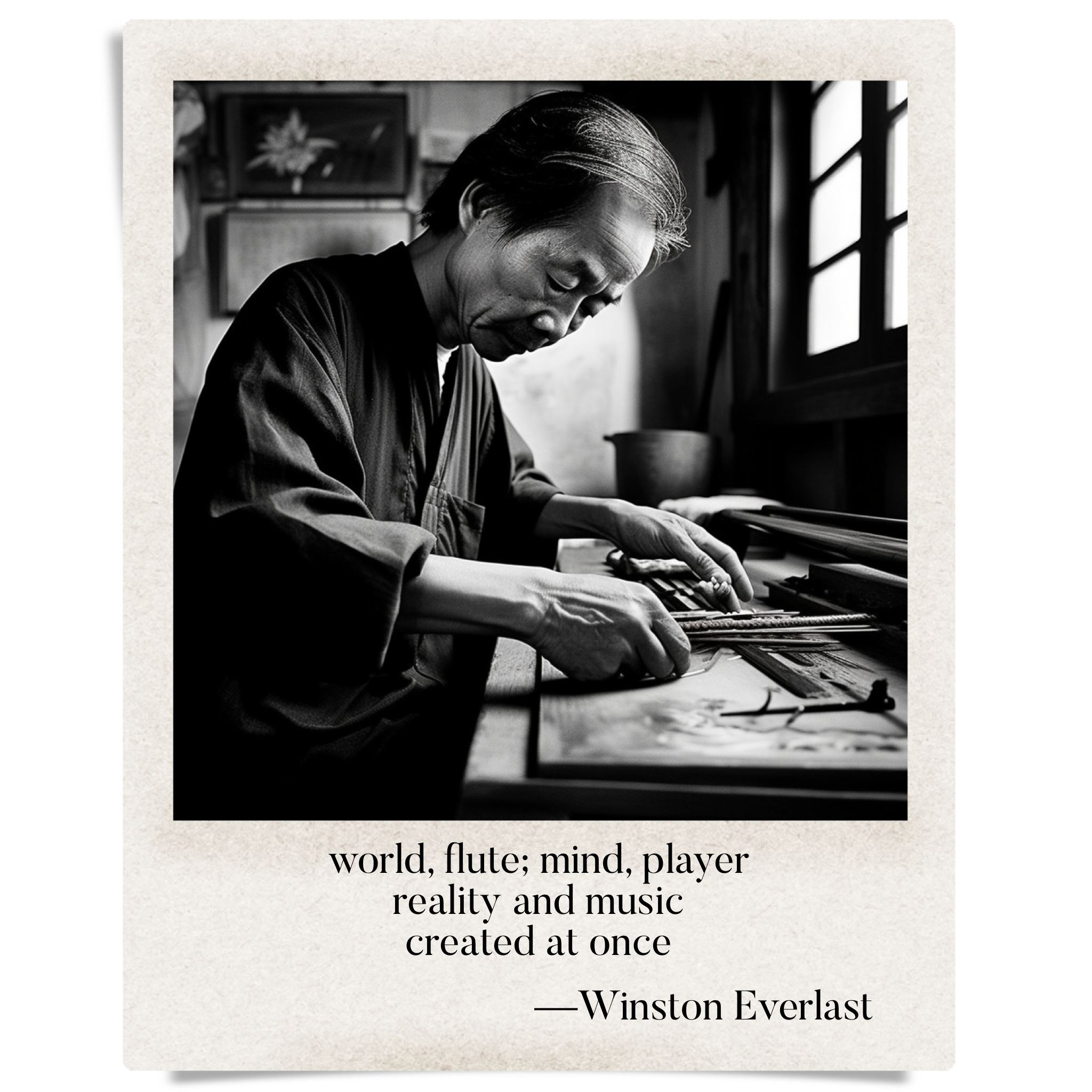 world, flute; mind, player / reality and music / created at once — haiga by Winston Everlast