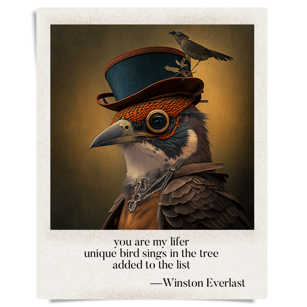 you are my lifer / unique bird sings in the tree / added to the list — haiga by Winston Everlast