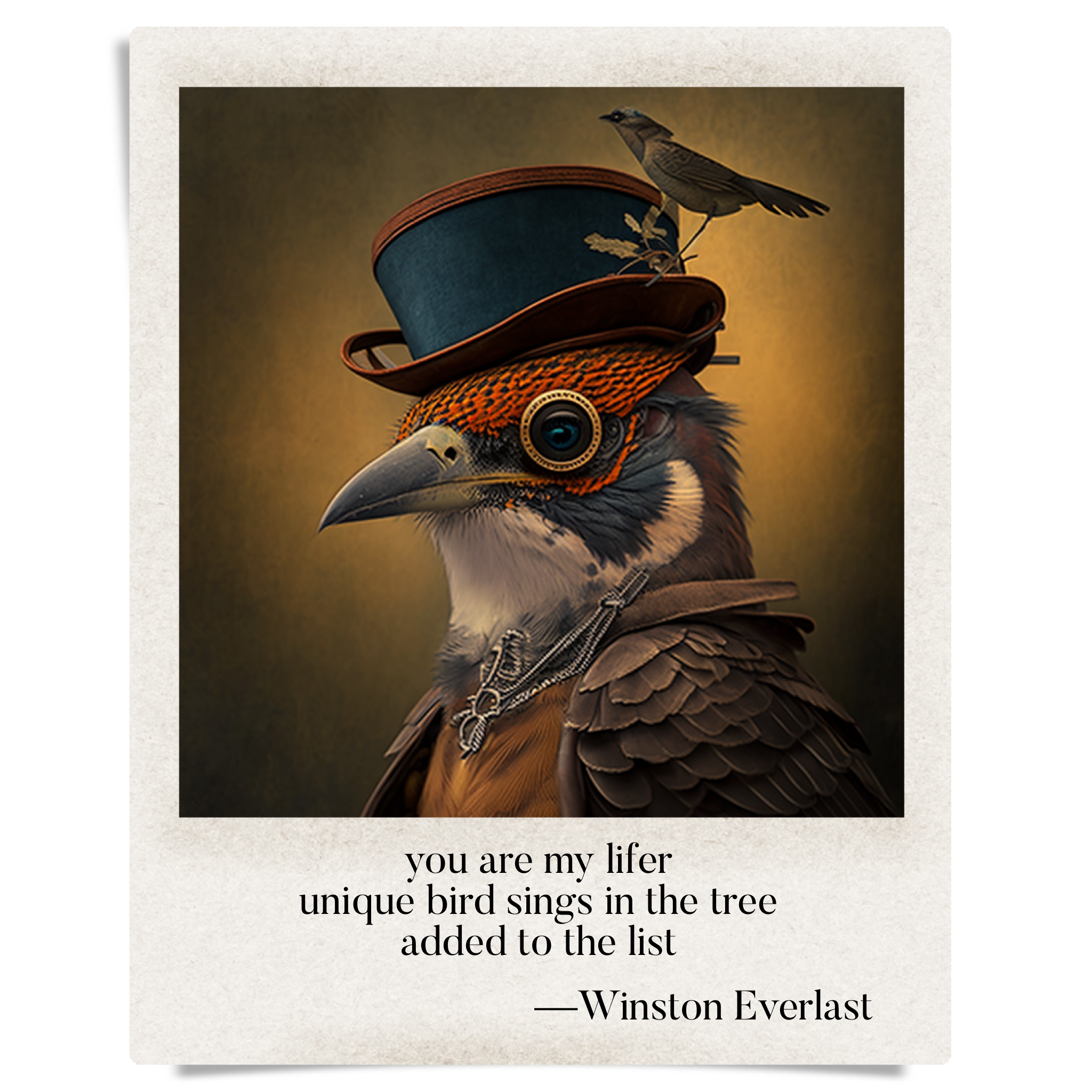 you are my lifer / unique bird sings in the tree / added to the list — haiga by Winston Everlast