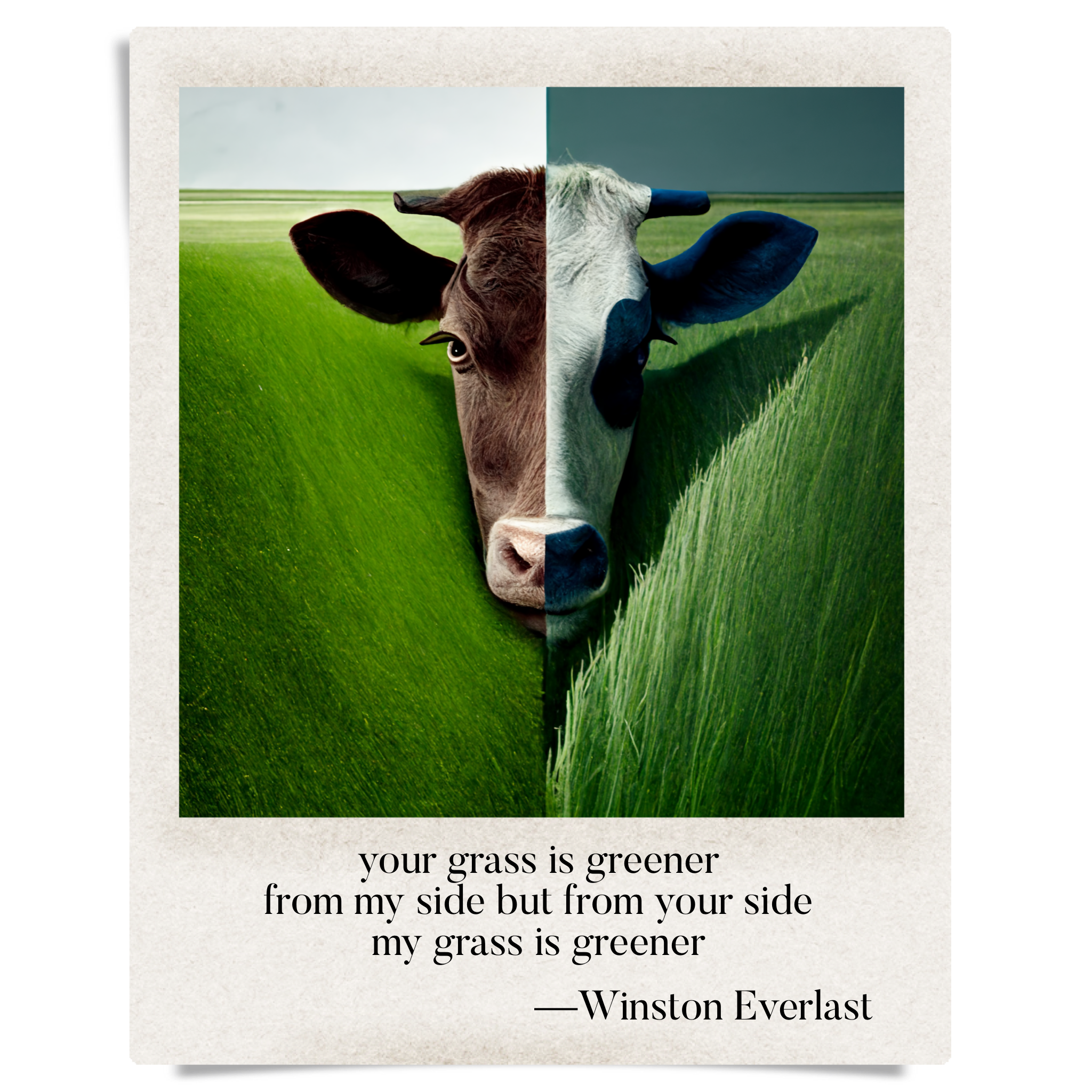 your grass is greener / from my side but from your side / my grass is greener — haiga by Winston Everlast