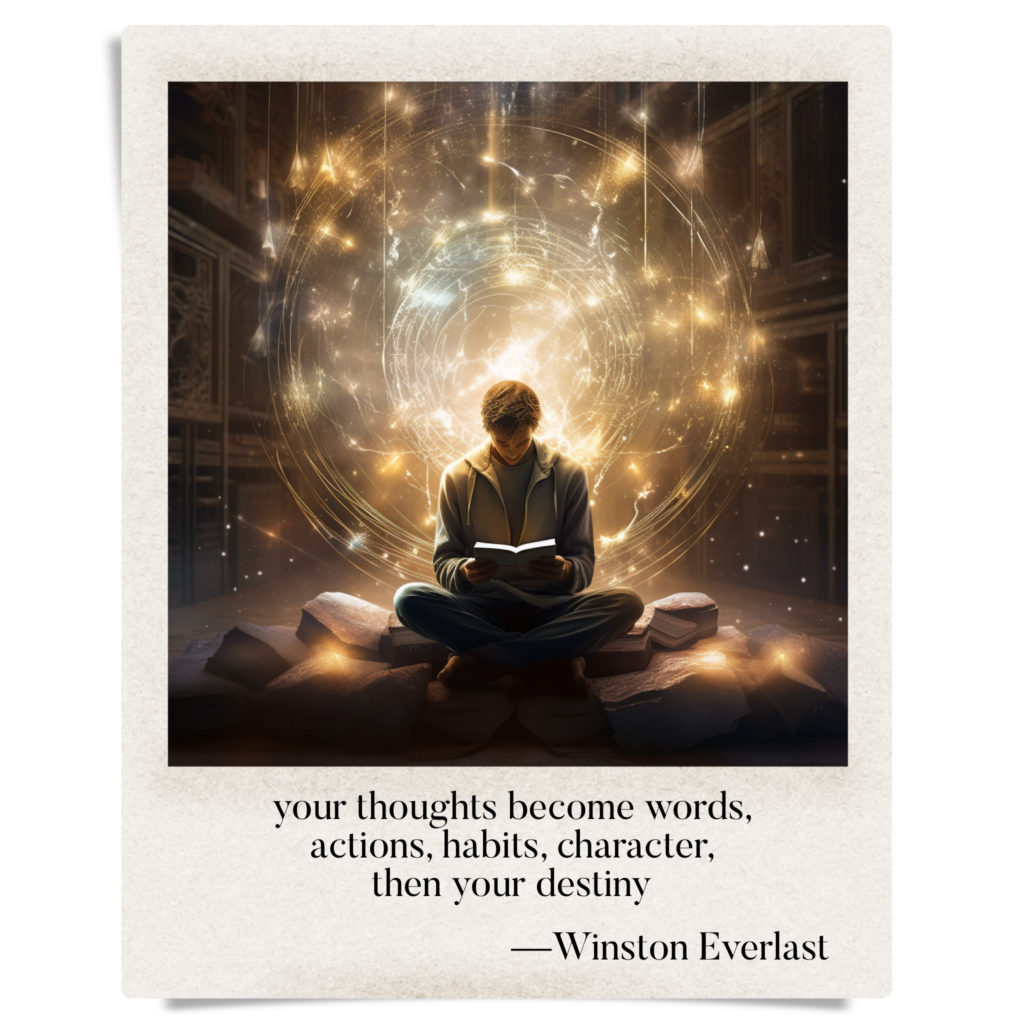 your thoughts become words, / actions, habits, character, / then your destiny — haiga by Winston Everlast