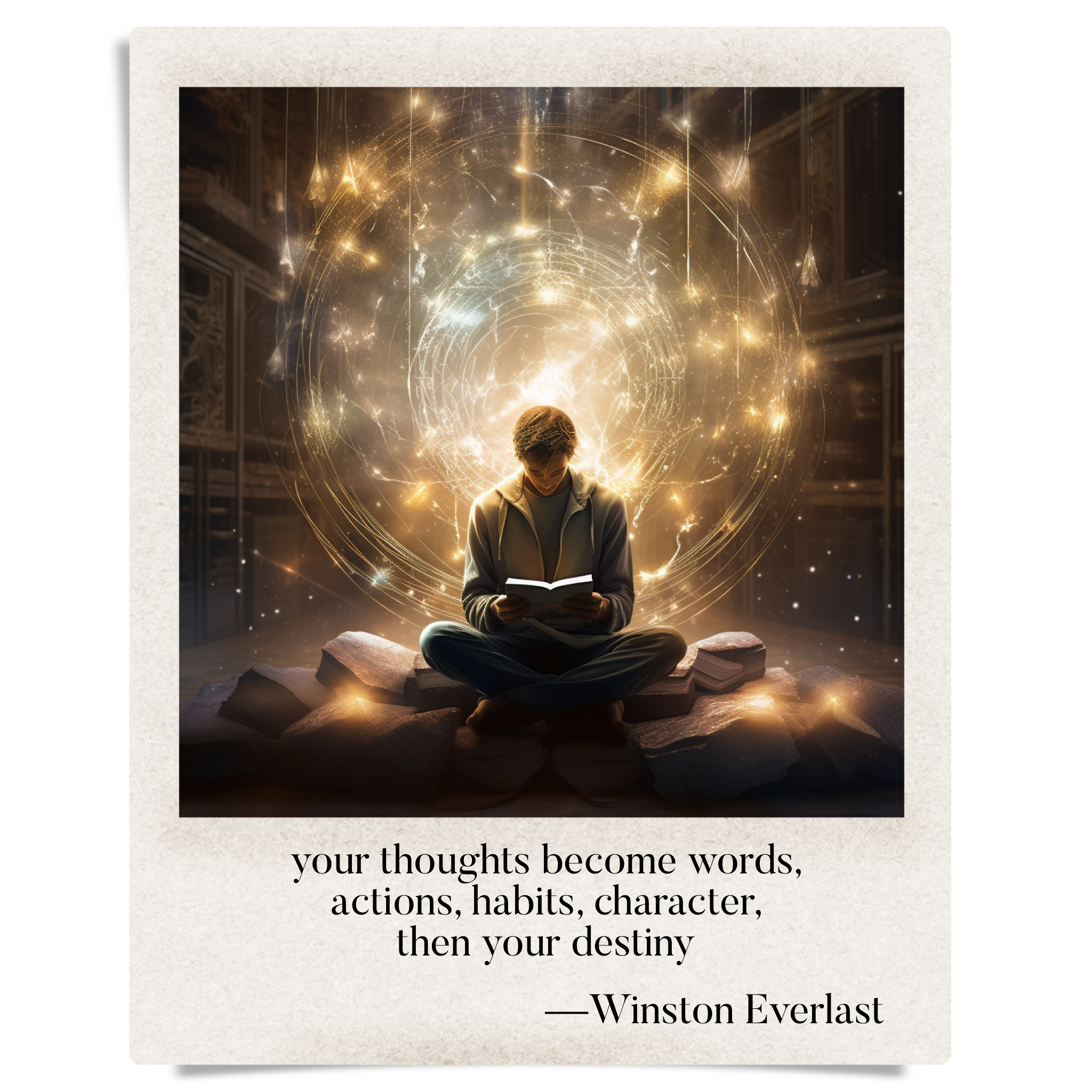 your thoughts become words, / actions, habits, character, / then your destiny — haiga by Winston Everlast