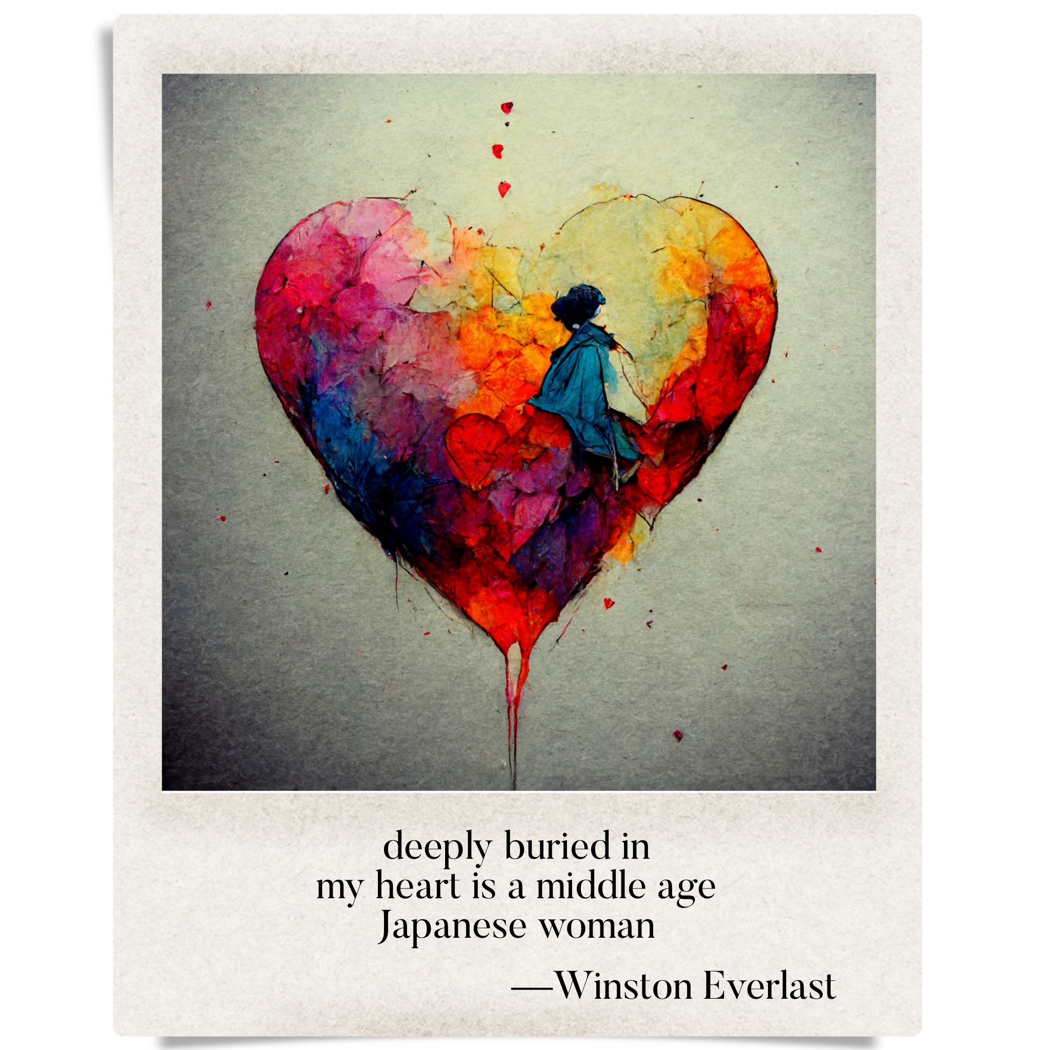 deeply buried in / my heart is a middle age / Japanese woman — haiga by Winston Everlast