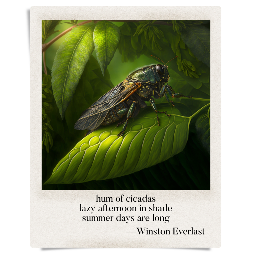 hum of cicadas / lazy afternoon in shade / summer days are long — haiga by Winston Everlast